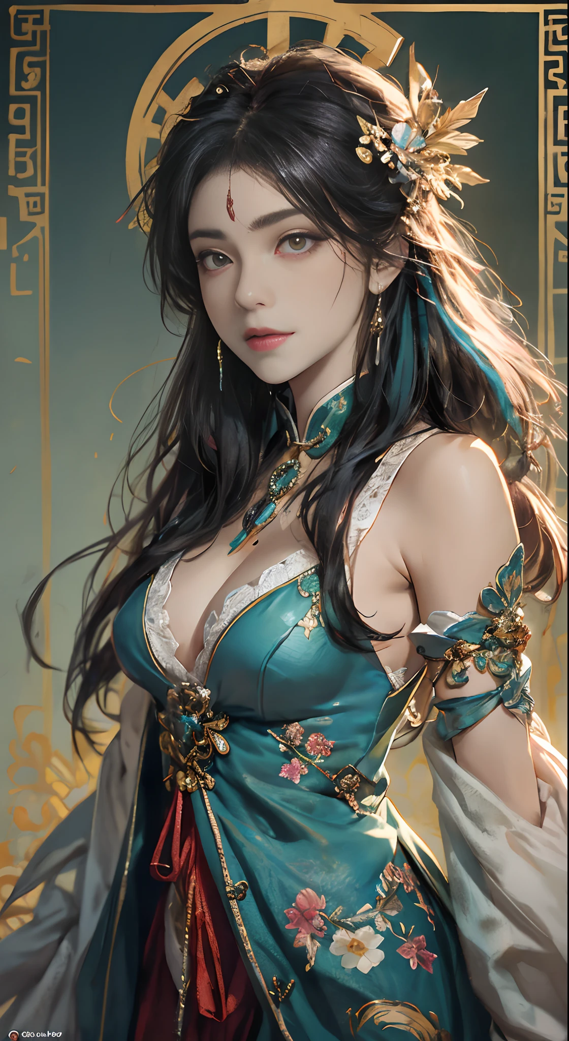 High quality, masutepiece, masutepiece, Delicate facial features, Delicate hair, 1 girl, Delicate eyes, delicate colored hair, 4K picture quality, Gorgeous light and shadows, (solo person_View), Tindall Effect, Halo, hair messy, young state, gorgeous scene, exquisite clothing, chains, Feathers, Ancient Chinese beauty with very detailed big eyes, Digital Painting, Art Station, Concept art, Sharp Focus, Illustration, Greg Rutkovsky, Alphonse artwork by Mucha and Victor Ngay