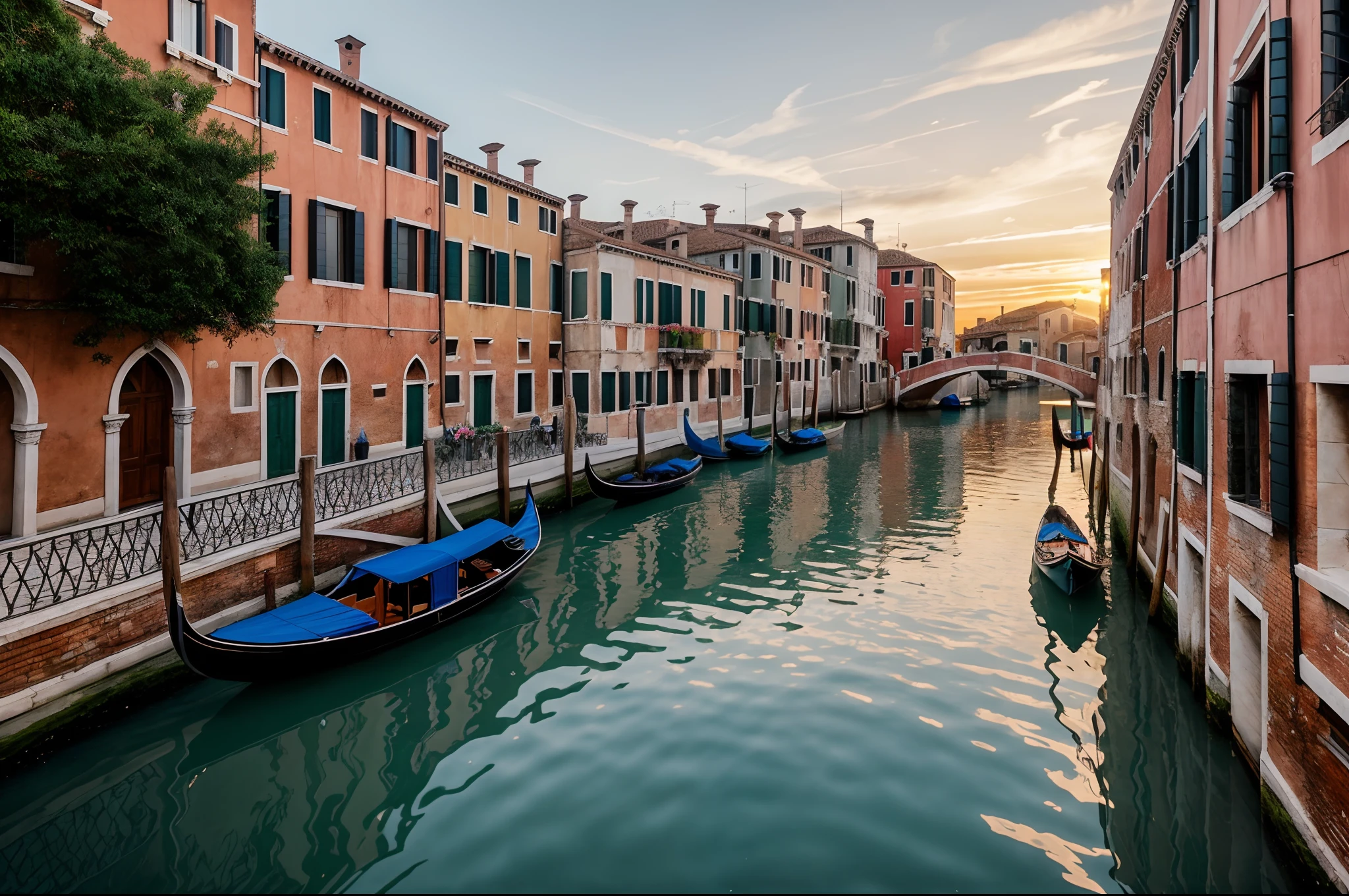 a serene sunset on Venice canals,medium:oil painting,peaceful gondolas gliding through the water,beautifully intricate architecture,romantic atmosphere,vivid colors,soft golden light reflecting off the water,calm and tranquil scenery,long shadows of the bridges,glimmering ripples,hidden alleyways and charming bridges,authentic Venetian masks,historic palaces and buildings,whispering sounds of water lapping against the stone,gentle breeze carrying the scent of saltwater and fresh flowers,romantic couples strolling hand in hand,captivating reflections in the water,heavenly beauty that enchants the soul,classic and timeless scene,impeccable attention to detail,meticulous brushstrokes and vibrant palette,impressive perspective and depth,masterpiece:1.2,ultra-detailed,realistic:1.37,vintage aesthetics with a touch of contemporary elements,stunning visual storytelling,long exposure photography effect,subtle color grading and warm tones,playful contrast between light and shadow,ethereal and dreamlike ambiance,enchanting and captivating