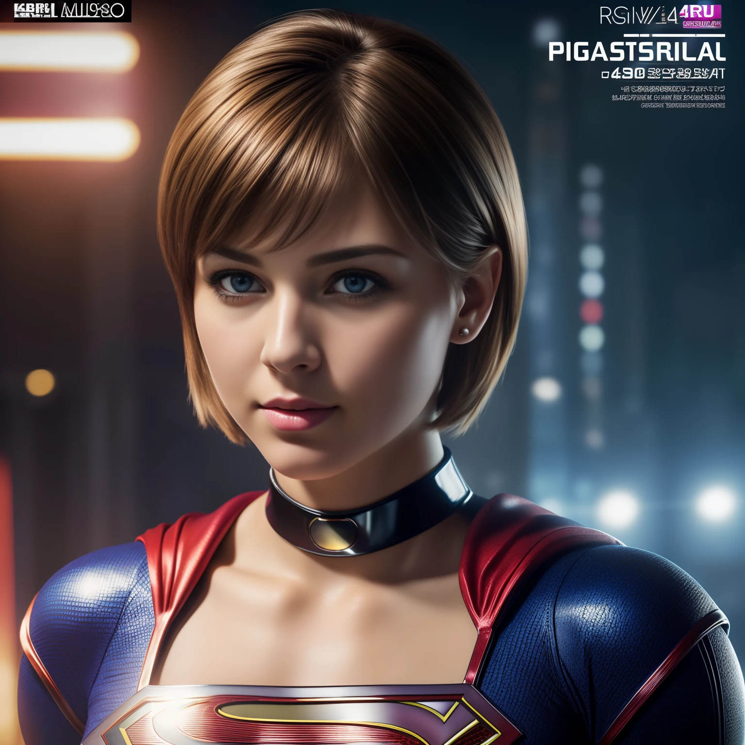 (best quality,4k,8k,highres,masterpiece:1.2),ultra-detailed,(realistic,photorealistic,photo-realistic:1.37),super detailed, short-haired supergirl, large chest, looking at the camera, glossy costume, choker, super short miniskirt, magazine cover, gravure idol, portraits, vibrant colors, professional lighting