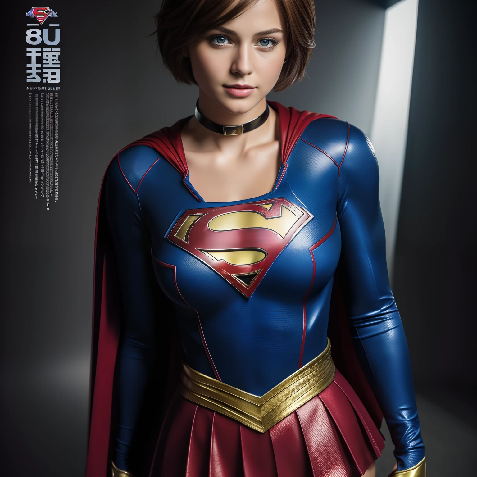 (best quality,4k,8k,highres,masterpiece:1.2),ultra-detailed,(realistic,photorealistic,photo-realistic:1.37),super detailed, short-haired supergirl, large chest, looking at the camera, glossy costume, choker, super short miniskirt, magazine cover, gravure idol, portraits, vibrant colors, professional lighting