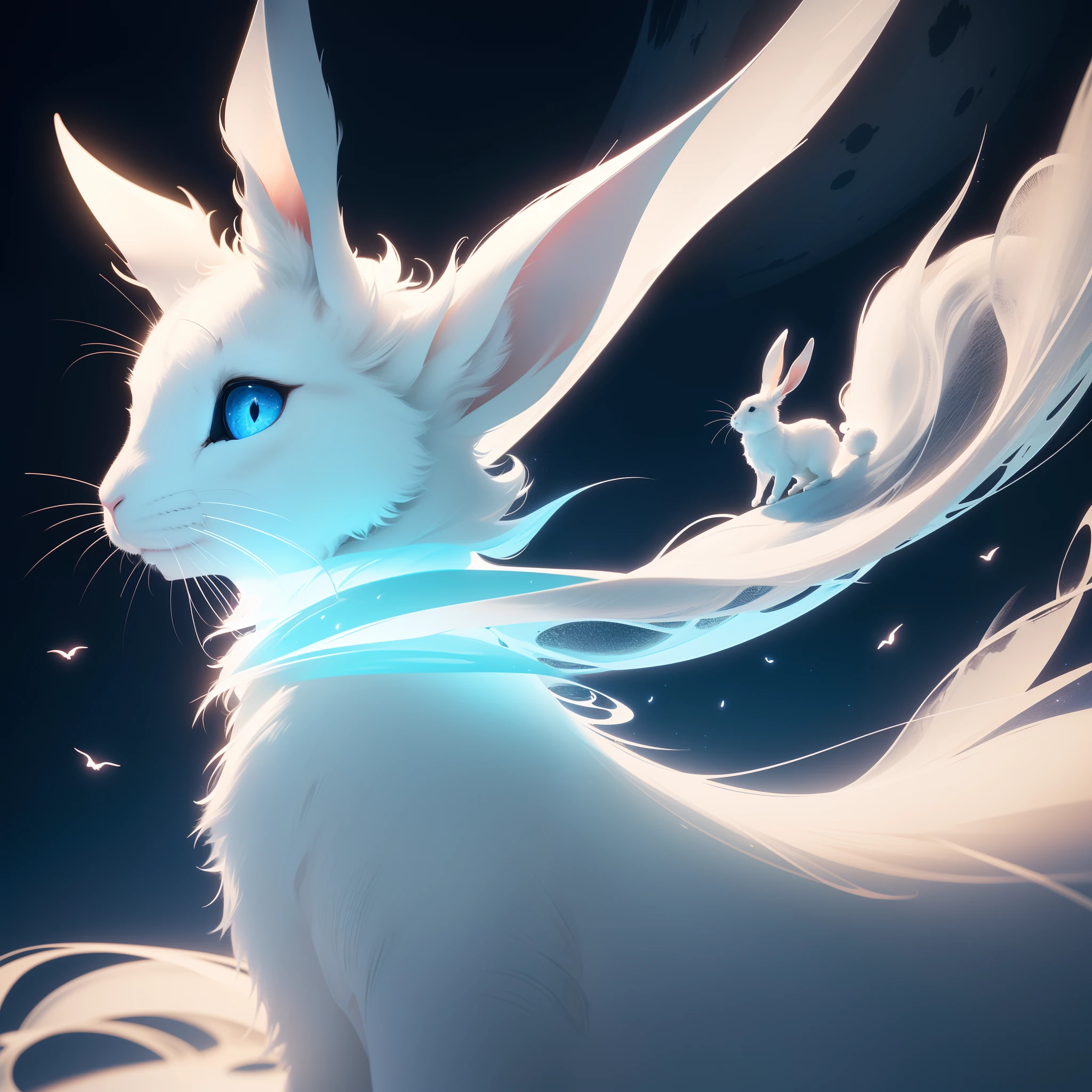 (best quality,4k,8k,highres,masterpiece:1.2),ultra-detailed,(realistic,photorealistic,photo-realistic:1.37),white rabbit looking up at full moon,negative space composition,detailed eyes,pointed ears,fluffy fur,magic,night scene,serene atmosphere,mysterious feeling,midnight blue sky,cool moonlight,glimmering stars,faint clouds,peaceful silence,vivid colors,revealing minimalism,subtle details,clean lines,unique perspective,contrast between rabbit and background,silhouette,exquisite simplicity,ethereal beauty,abstract representation