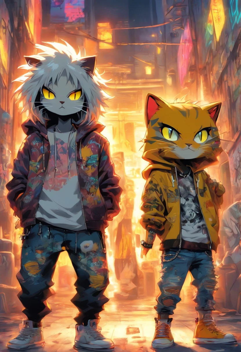 2 cool and trendy cats talking to each other, white hair, yellow eyes, wearing trendy hip hop clothing, wearing a hoodie, graphic t-shirt and torn jeans, tons of tattoos and piercings, graffiti style background, highly detailed background, perfect masterpiece, high quality, high resolution