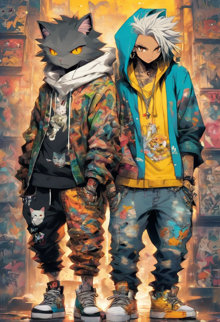 2 cool and trendy cats talking to each other, white hair, yellow eyes, wearing trendy hip hop clothing, wearing a hoodie, graphic t-shirt and torn jeans, tons of tattoos and piercings, graffiti style background, highly detailed background, perfect masterpiece, high quality, high resolution