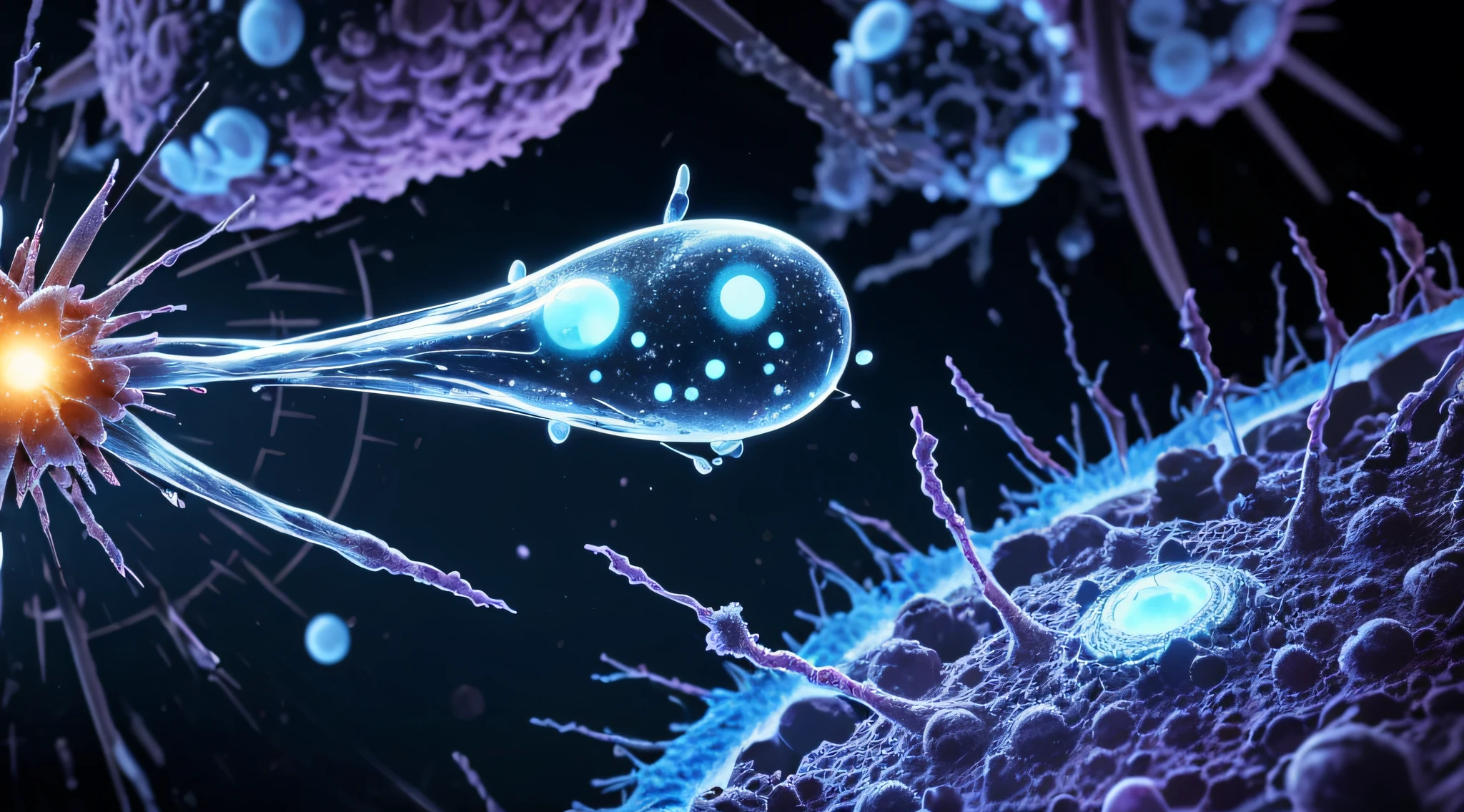Create an image that magnifies the virus, focusing on its surface and spike proteins, which play a crucial role in its ability to infect host cells.