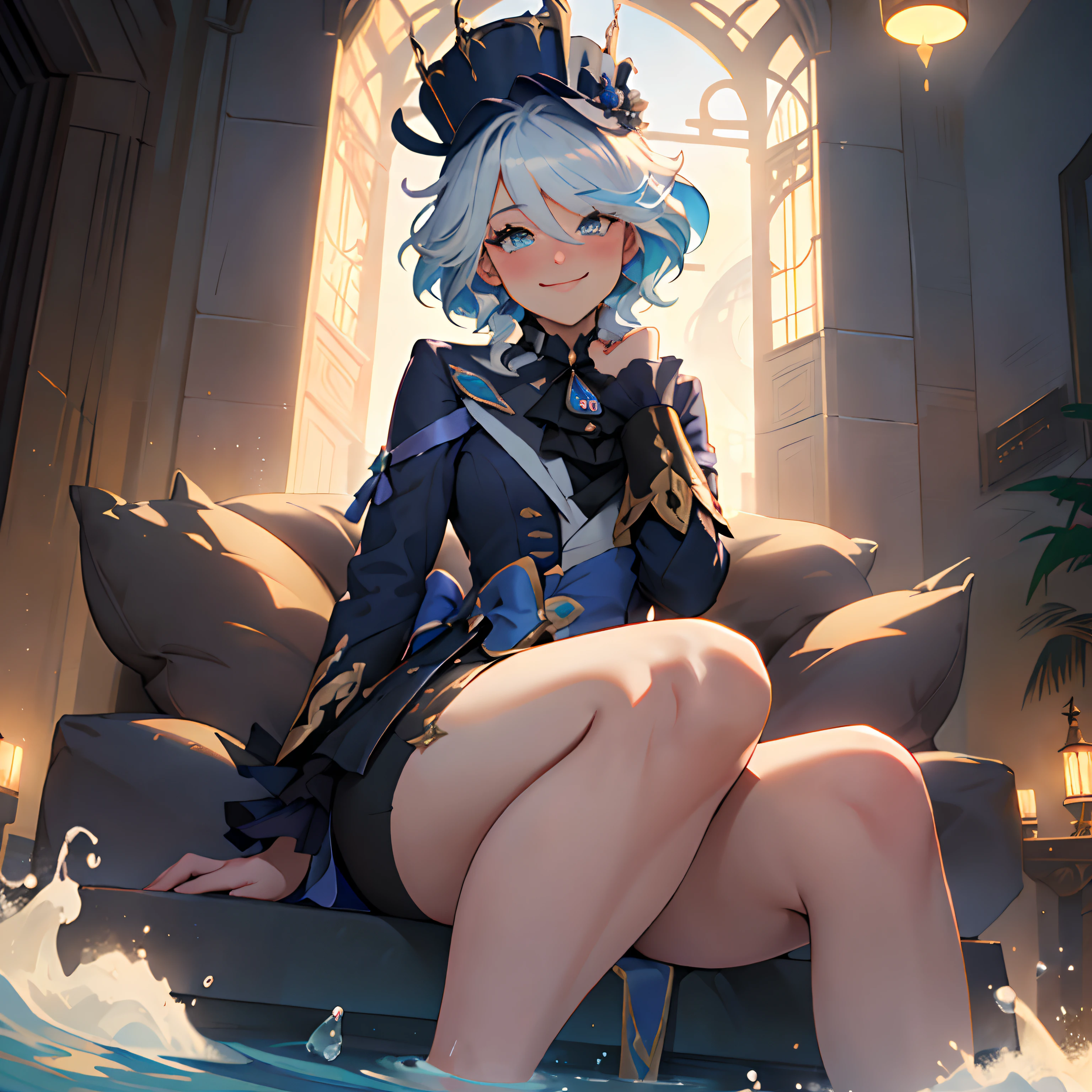 Furina, Surrealism, 8k, super detail, hydro aarchon, thicc thighs, sitting, bratty face, smug, beautiful eyes, genshin, masterpiece, best quality, ultra-detailed, illustration, epic lighting, cinematic composition, isometric, 1girl, solo, cute,enchanting gaze, captivating pose, indoors, looking at viewer, blush, seductive smile, closed mouth, bratty, smug(8k:1.1),