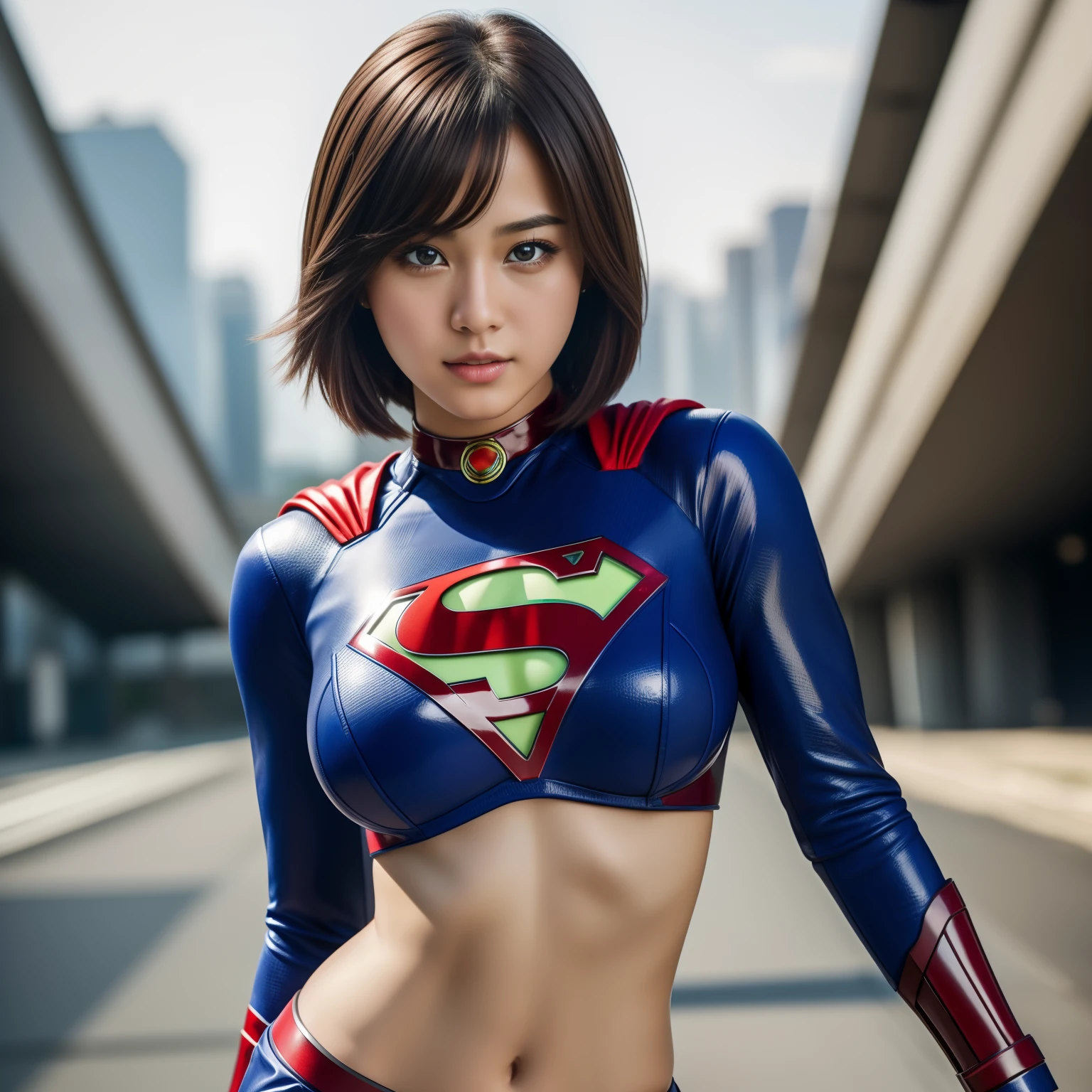 Stable Diffusion prompt:
(best quality,4k,8k,highres,masterpiece:1.2), ultra-detailed, (realistic,photorealistic,photo-realistic:1.37), stunning artwork of a supergirl with short hair, captivating eyes, and glossy costume, a choker accentuating her neck, an impossibly short mini skirt, as if taken straight from a magazine cover featuring a gravure idol.