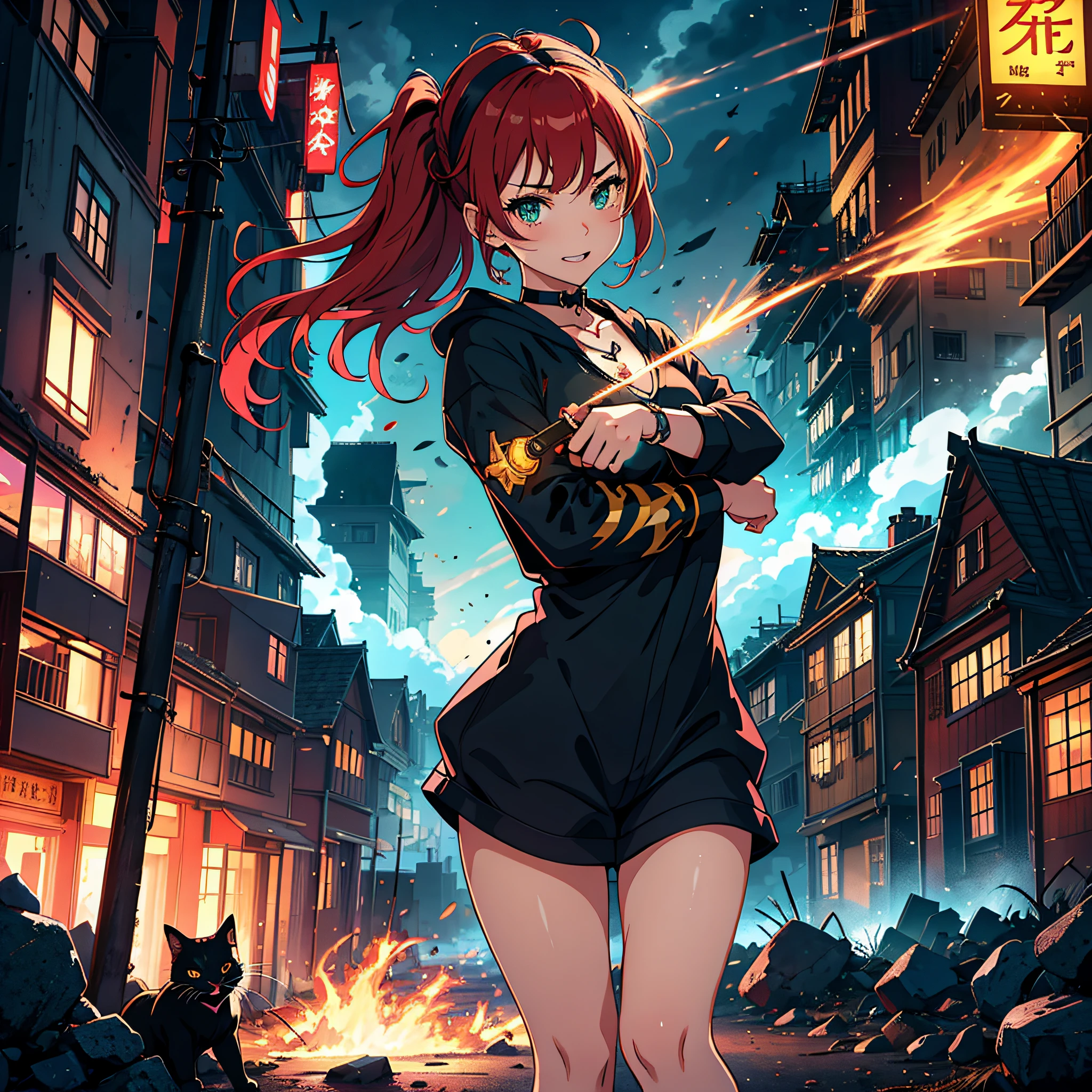 (top-quality、hight resolution、8k、masterpiece:1.2)。Curvaceous but slender、Muchimuchi Body、Grinning Female Wizard、Vandalizing buildings in a battered ancient city。Featuring double teeth, she wields magical powers.。With magic emitted from the right hand、Buildings and roads、Bolides、Next Bridge々and have collapsed、Scattered with burning debris。Rubble and pebbles float up、A yellow aura covers her entire body。Although its power is overwhelming、At the same time it is in harmony with beauty。Draw the moment she is destroying the building with magic。Half-taken off hoodie、accessorized、mole、Eyebrows、double tooth、canine teeth、poneyTail、Muscular nose、Clear detailed green eyes、Red-haired、red blush、short-haired、a choker、Fleshy lips、Physical beauty、well-muscled、Raise bangs in a headband、Oforehead、Mysterious fashion、Street Fashion、Anime style、animesque、The scene of the great fire、Oversized trousers、unreal、Depiction in motion、White the、Fashion in white tones、Vandalism、insurrection、karo、Decaying buildings、the fire、Fire incident、tornado、Must-win poses、Backgrounds with depth、Equipped with a Japan sword on the back、Equipped with Japan swords at the side waist、Flame Magic、Wizard Equipment、Light equipment、a necklace、Bracelets、Misanga、arm band、Tattoo on the shoulder、espadrilles、thunder、Roaring thunder、lightning bolt、tornado、colorful backdrop、Thunder in the hand、Light and Wall Co-star、Little green-eyed black cat supporting magic attack overhead