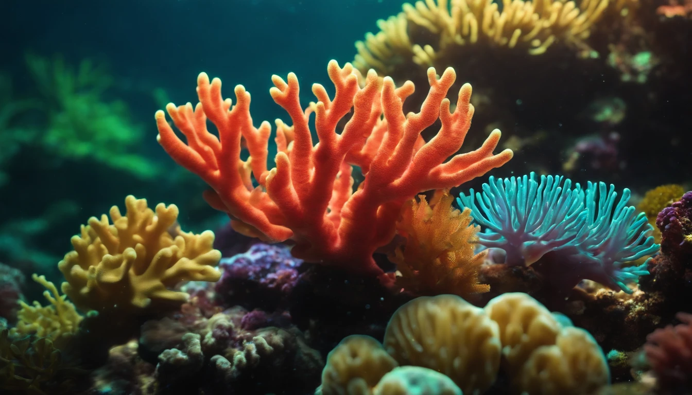 An underwater world with luminescent corals:

Create a vibrant underwater world with colorful corals that glow in the dark and a variety of sea creatures. 4k wallpaper