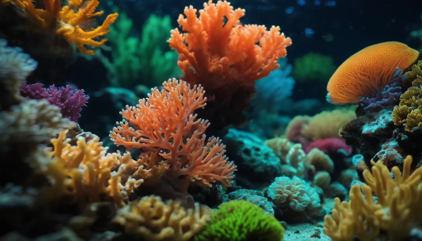 An underwater world with luminescent corals:

Create a vibrant underwater world with colorful corals that glow in the dark and a variety of sea creatures. 4k wallpaper