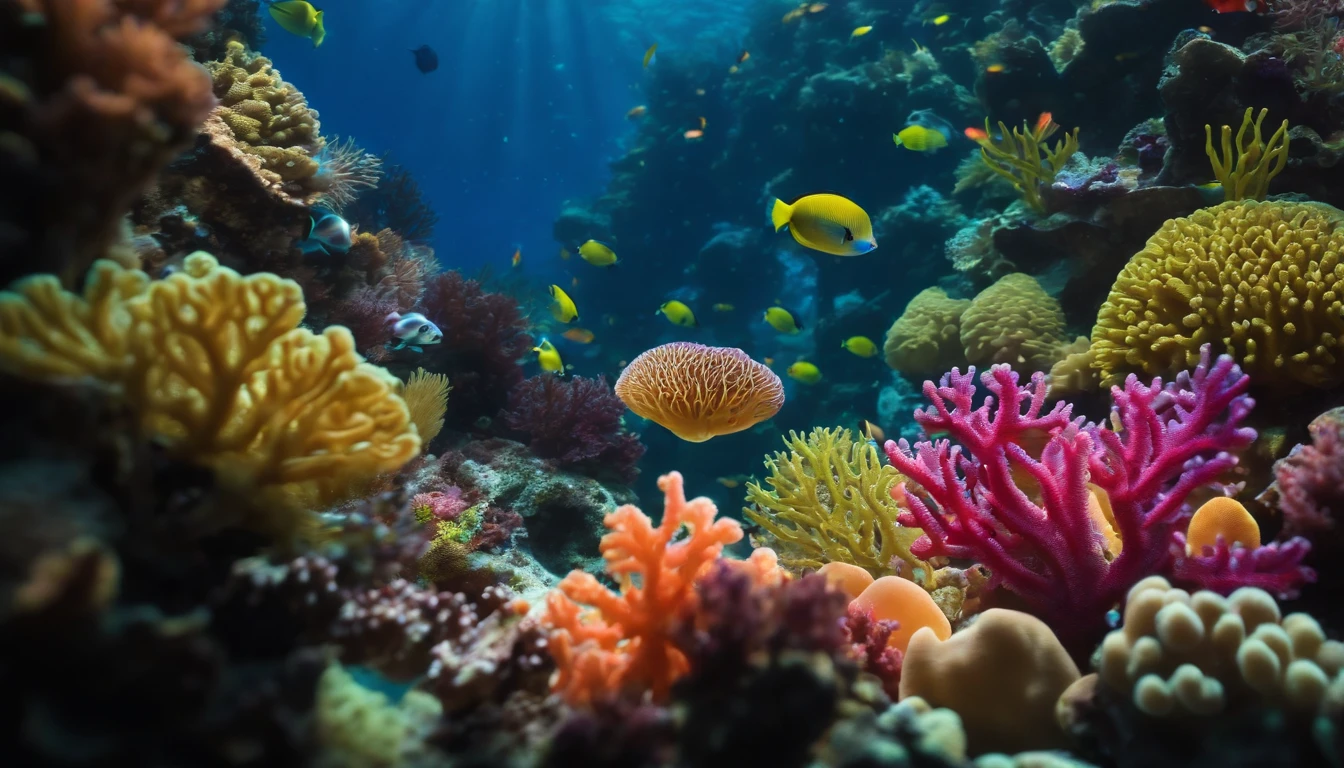 An underwater world with luminescent corals:
Create a vibrant underwater world with colorful corals that glow in the dark and a variety of sea creatures. 4k wallpaper