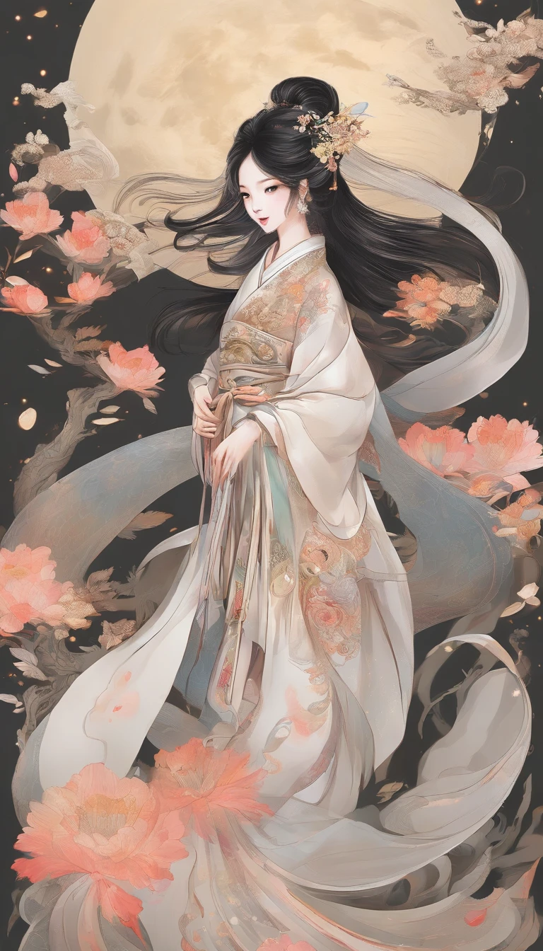 full moon，traditional Chinese festivals，Fairy，Fairy clothes，Streamers flutter，Hanfu，Flying，mid-air，Mid-Autumn Festival，artistic conception，Dunhuang murals，Ultra-high sharpness，超高分辨率，8K