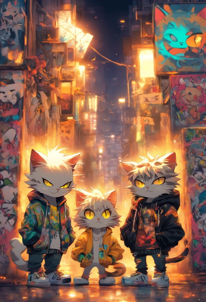 2 cool and trendy cats talking to each other, white hair, yellow eyes, wearing trendy hip hop clothing, wearing a hoodie, graphic t-shirt and torn jeans, tons of tattoos and piercings, graffiti style background, highly detailed background, perfect masterpiece, high quality, high resolution