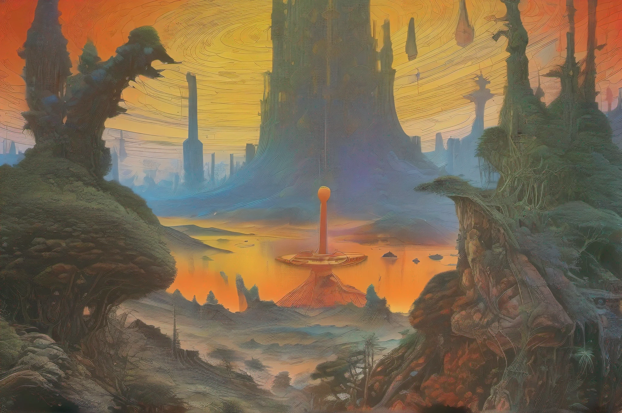 Poster art by Edwards, Temporary image by Sergio Toppi, Don Lawrence, inspired by Don Maitz, comic Moebius, Direction: Philippe Druillet, 1 9 8 0 sci - art cover of fi, Mike Ploog, Art by Moebius, Director: Don MaitzBring to life a surreal dreamscape that defies the laws of physics and nature. Create an ultra-high-detail abstract artwork that portrays 'Inverted Realities.' Picture a world where gravity is optional, and objects melt and reform in defiance of logic. Craft intricate, mind-bending structures, combining elements from different eras and cultures, all seamlessly merging into an otherworldly tableau. Employ microscopic detailing and a color palette that challenges conventional perception. Your challenge is to immerse viewers in a realm where the boundaries between reality and fantasy blur, inviting them to question their own perceptions of the tangible and the intangible., Mysterious. Professional photography. HDR, UHD 32k. --AR 16:9, --v 5.2