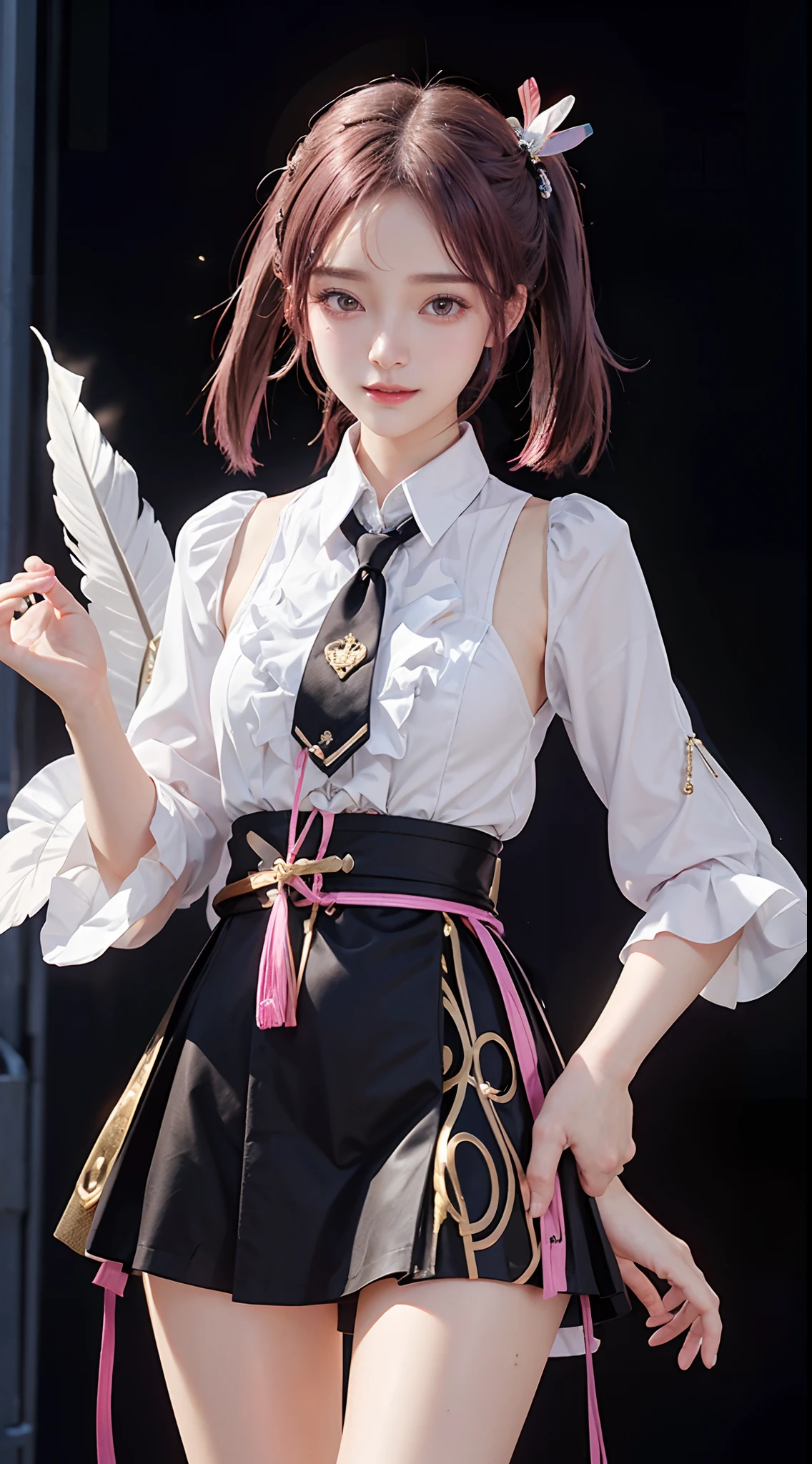 ​masterpiece、1 Beautiful Girl、A detailed face、A detailed eye、Detailed skin、Detailed hand、top-quality、Illuminated from the front with bright lighting、profetional lighting、Facing straight ahead、The background is a little blurry、The costumes are idol costumes like AKB48(Check short skirt、Jacket feather hair ornament、Cute tie)、Amazing smile、Background above live stage(Dancing)、
Some parts of the costume and hair ornament are pink、
Hairstyle is Twintails、
Age is 21 years old、
The right arm is spread wide、
The color of the eyeball is black、