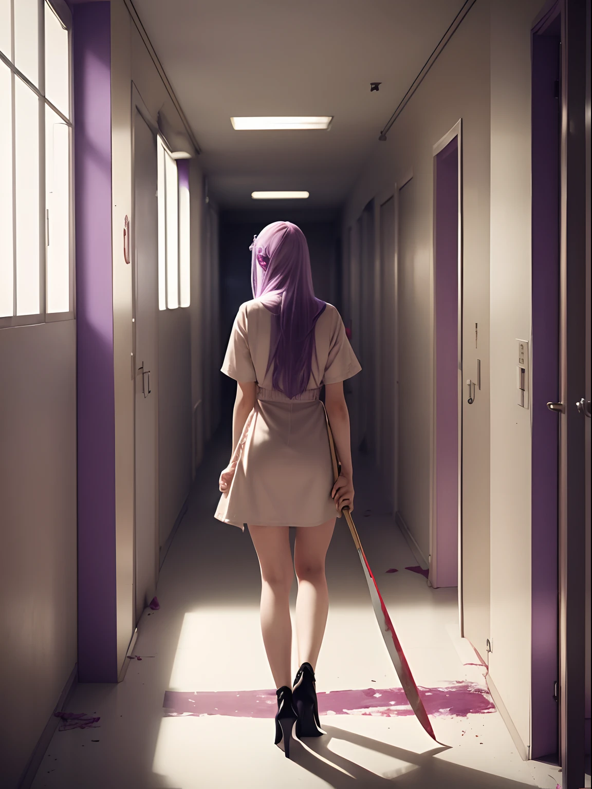 1girl, long light purple lilac hair, pov from behind, wearing very short sexy dirty beige bloody nurse uniform, wearing black high heels, dingy dirty hospital hallway, off white hallway, beige colored doors, dark hallway, holding large knife, dragging an axe, beige doors, horror, scary, ominous