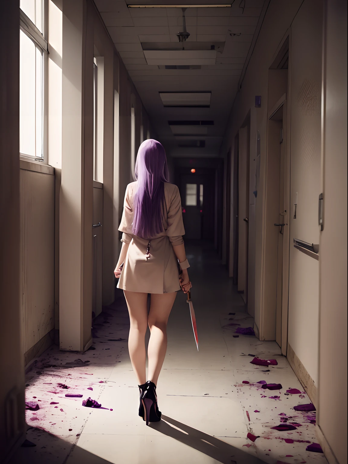 1girl, long light purple lilac hair, pov from behind, wearing very short sexy dirty beige bloody nurse uniform, wearing black high heels, dingy dirty hospital hallway, off white hallway, beige colored doors, dark hallway, holding large knife, dragging an axe, beige doors, horror, scary, ominous