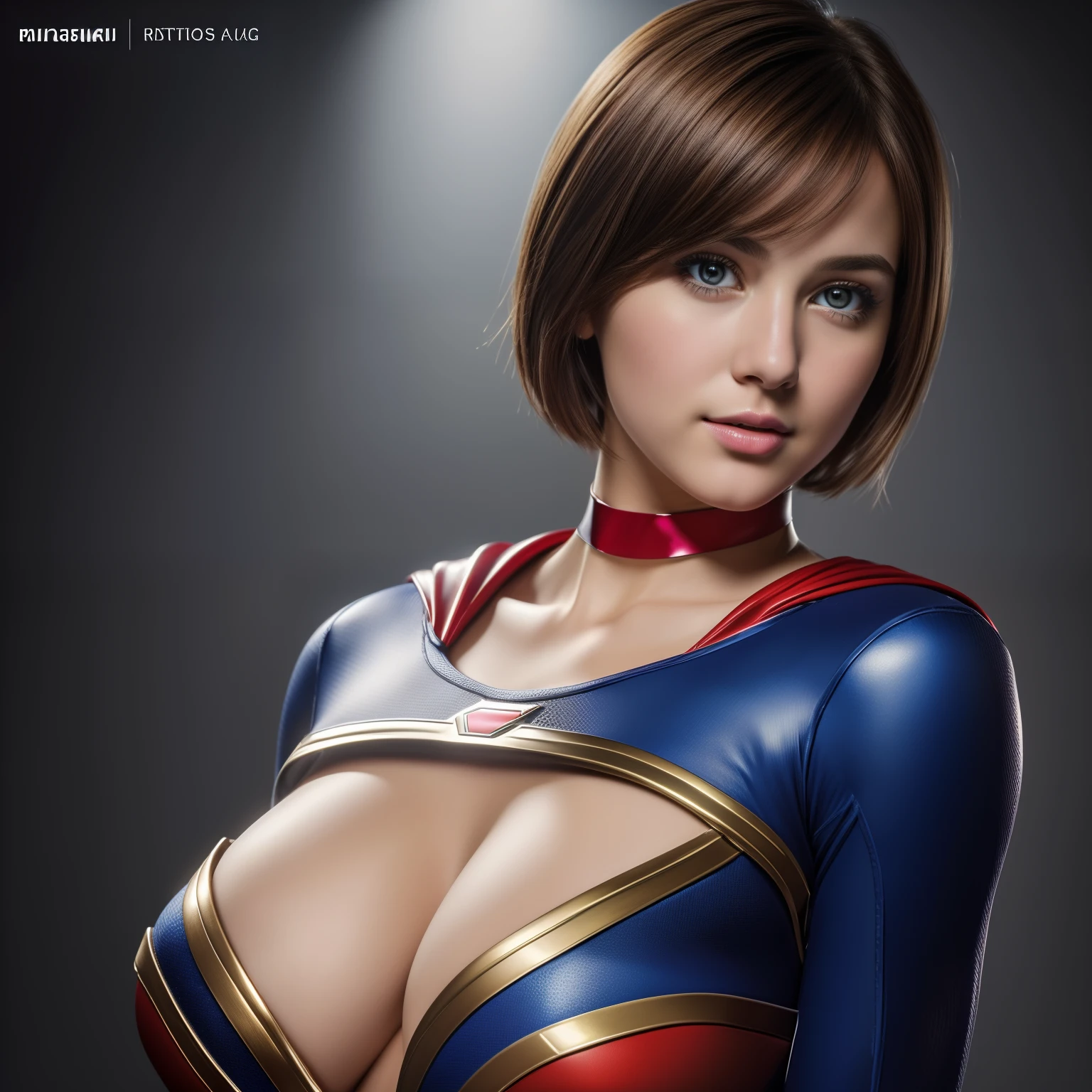 (best quality,4k,8k,highres,masterpiece:1.2), ultra-detailed, (realistic,photorealistic,photo-realistic:1.37) portrait of a supergirl with short hair, big chest, looking into the camera, wearing a glossy costume, a choker, a very short mini skirt, resembling a magazine cover of a gravure idol.