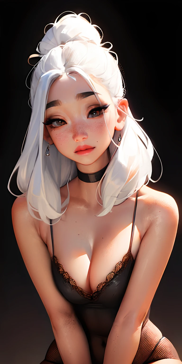 sam yang, 1girl, Backlighting, bare shoulders, black choker, blurry, blurred background, blusher, pectorals, Choker, cleavage, closed mouth, 鎖骨, earings, forehead, freckles, hair over shoulder, Jewelry, Long hair, looking a viewer,pointy nose, red-lips, ombre, 独奏, thick eyebrows, Thick eyelashes, upper-body, white colored hair, ((Masterpiece)) ,