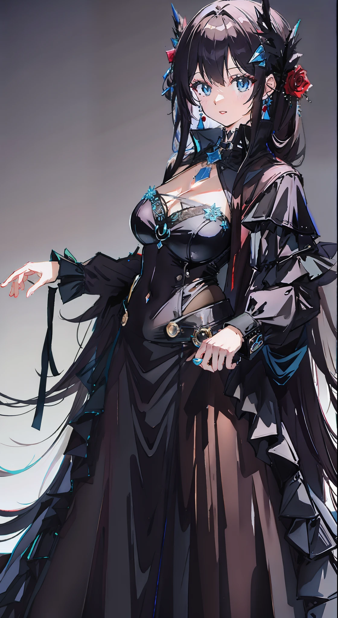Solo，Facing the viewing angle，Gorgeous black shawl，black long straight hair，Gorgeous black wedding dress，Fishtail braided hairstyle，chiquita，Lori huge breasts cleavage，D-cups，Black colored eyes，A smug smile，Black extra-high heeled boots，stand posture，The right leg is extended forward，White background