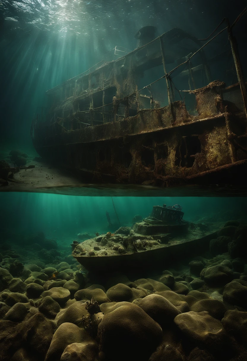 (stunning masterpiece: 1.3), ((12K HD)), ((Under water)), A marine scientist diver studies photographs of the remains of a World War II military destroyer, The keel sinks to the bottom of the sea, The ship was split in half, Deep-water organisms that inhabit the area, Add an ominous atmosphere, Lurking in the shadows, Twisted metal remains inside and outside. The colors of this place are soft and gloomy, Rusty metal and rotten wood create a feeling of decay and neglect. Although the water is calm, ((suns rays)), ((Bright diamond splashes)), Bubble Swirling, Sharp focus, intricately details, High detail, Digital art, Bright and beautiful splash, Sparkling, stunning digital art, Interspersed with vivid colors and surreal fantasy lighting, Super detail, Digital photography, 8K, Sharp focus, ,No_Humanity