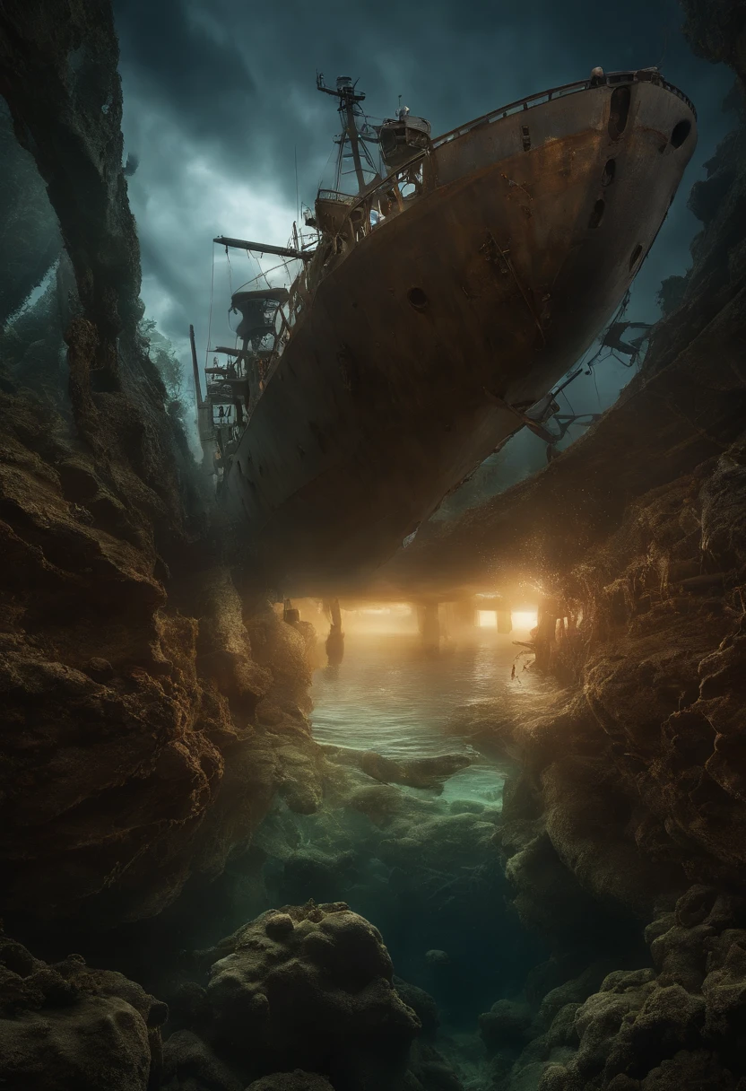 (stunning masterpiece: 1.3), ((12K HD)), ((Under water)), A marine scientist diver studies photographs of the remains of a World War II military destroyer, The keel sinks to the bottom of the sea, The ship was split in half, Deep-water organisms that inhabit the area, Add an ominous atmosphere, Lurking in the shadows, Twisted metal remains inside and outside. The colors of this place are soft and gloomy, Rusty metal and rotten wood create a feeling of decay and neglect. Although the water is calm, ((suns rays)), ((Bright diamond splashes)), Bubble Swirling, Sharp focus, intricately details, High detail, Digital art, Bright and beautiful splash, Sparkling, stunning digital art, Interspersed with vivid colors and surreal fantasy lighting, Super detail, Digital photography, 8K, Sharp focus, ,No_Humanity