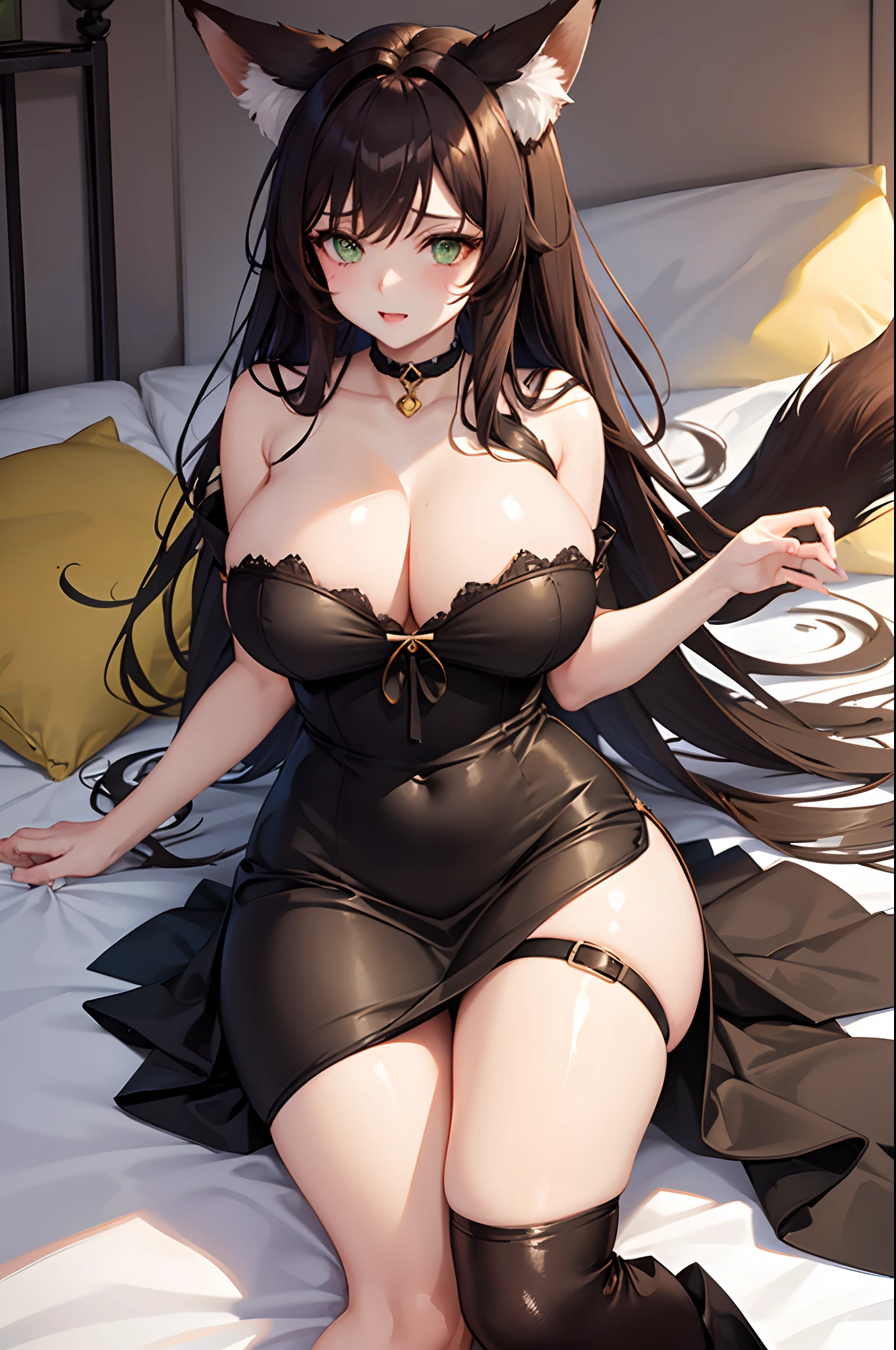 1girl, fox girl, fox ears, fox tail, dark brown hair, green eyes, sexy, mommy, thick thighs, enormous breasts, hard , sfw, dress, mature woman,