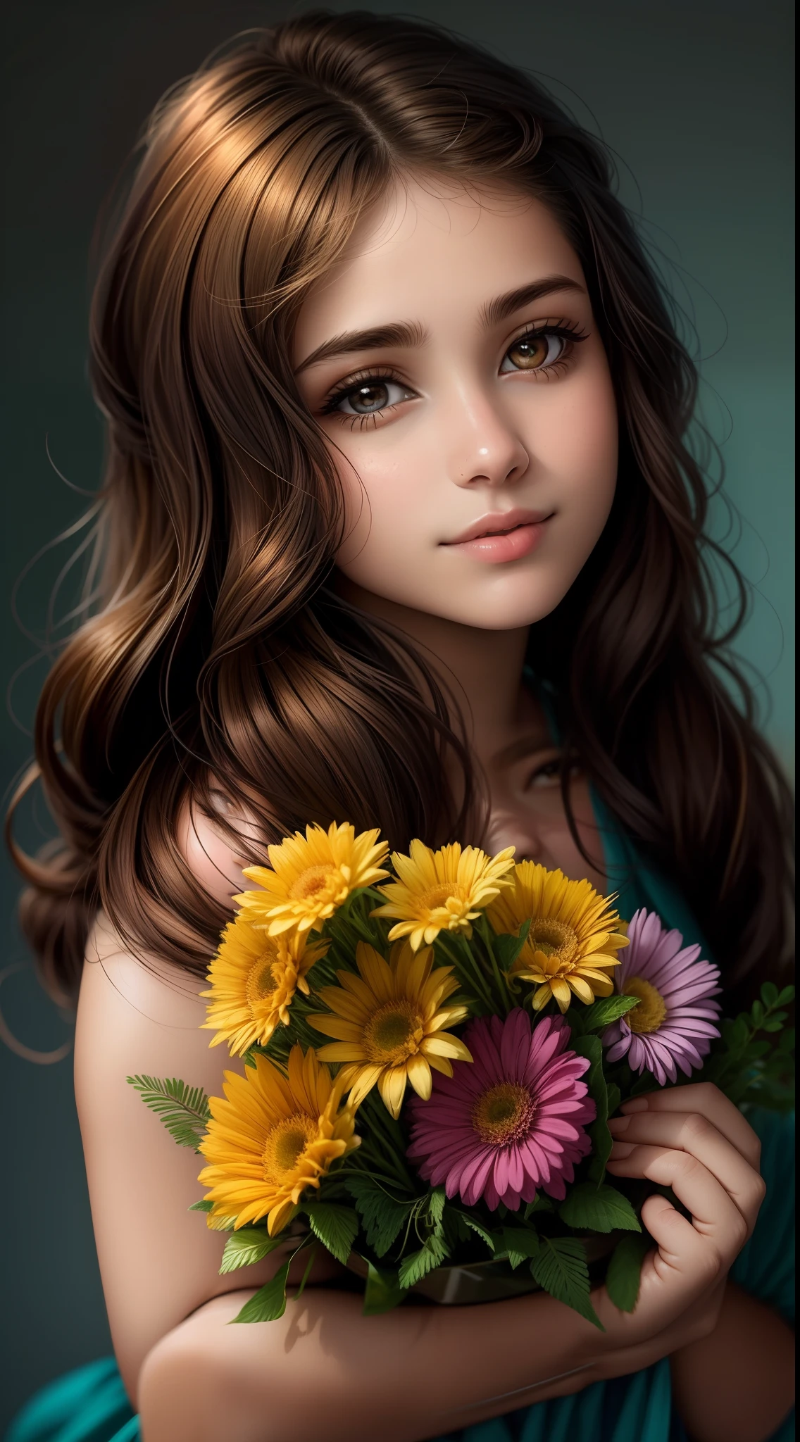 Arafed girl holding a bunch of flowers in her hands, flores em seus cabelos escuros, bonito bonito, menina muito bonita, menina bonita, beautiful face!!!!, menina jovem bonita, com flores, flores nas bochechas do herdeiro, menina jovem bonito, beautiful face!!, retrato muito bonito, beautiful face!, lindo bonito, beautiful portrait, Bom modelo, bonito muito jovem
