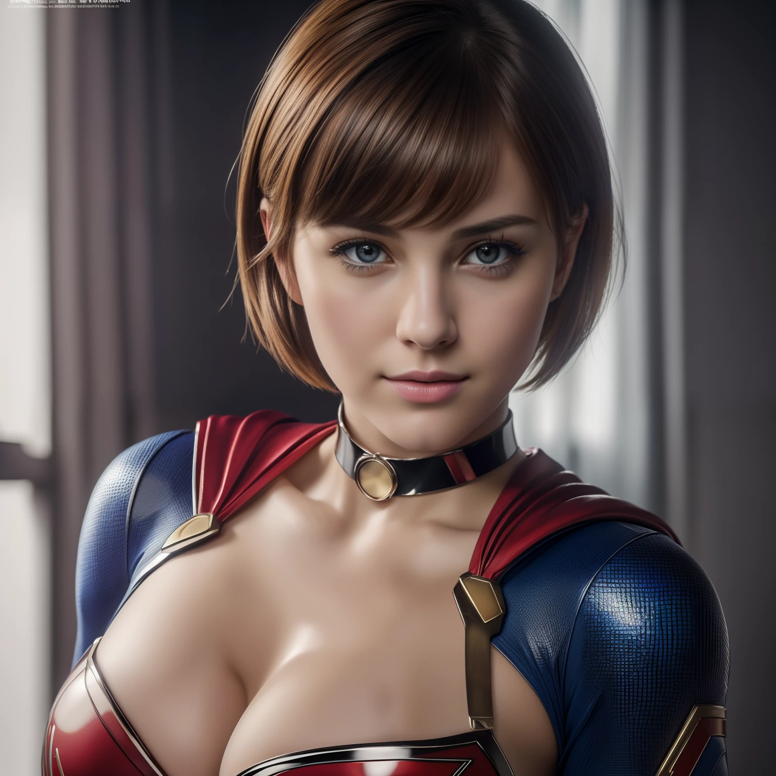 (best quality,4k,8k,highres,masterpiece:1.2), ultra-detailed, (realistic,photorealistic,photo-realistic:1.37) portrait of a supergirl with short hair, big chest, looking into the camera, wearing a glossy costume, a choker, a very short mini skirt, resembling a magazine cover of a gravure idol.