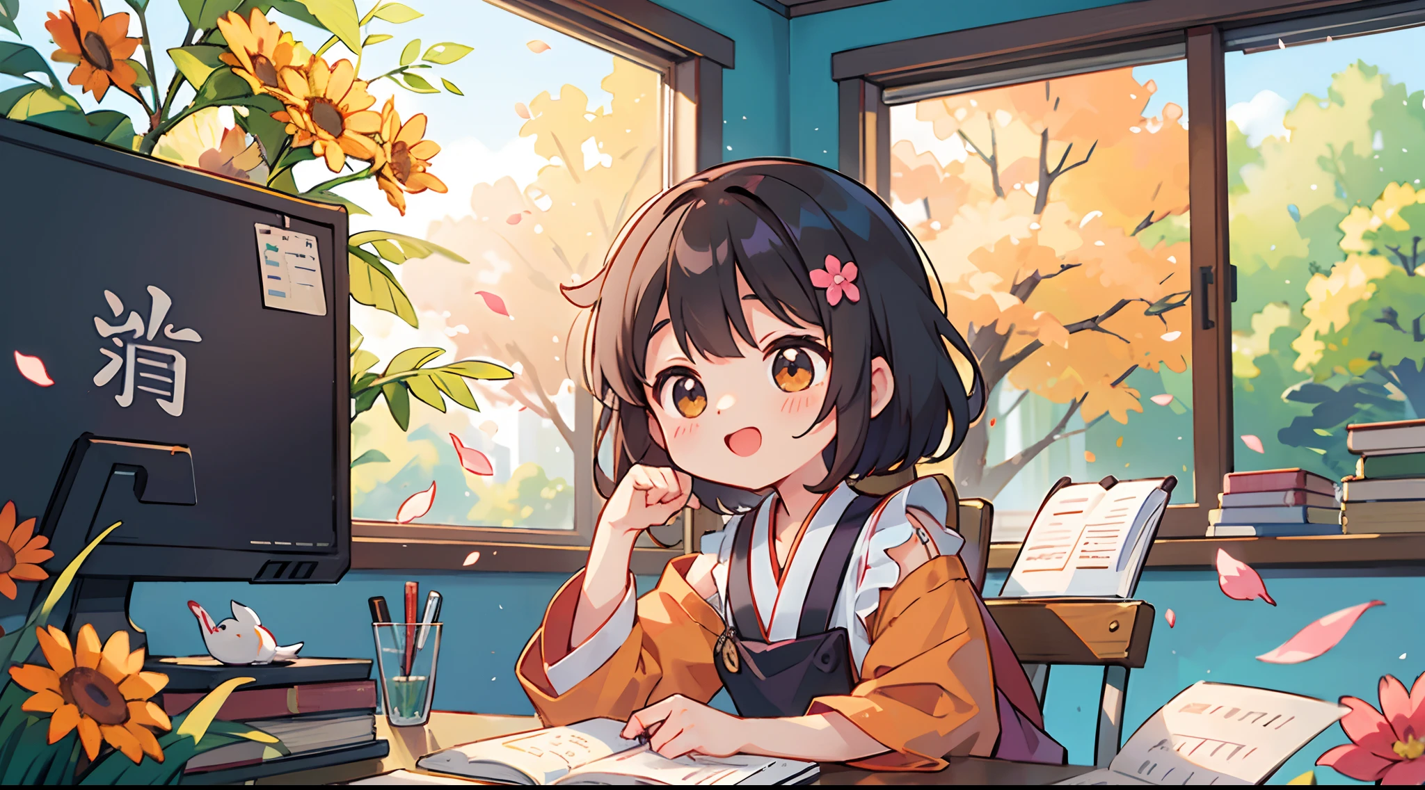 photoRealstic、Sit at your desk and enjoy studying with friends、Opens mouth and laughs、up of face、flower petals、season!!: 夏天☀ 🍂