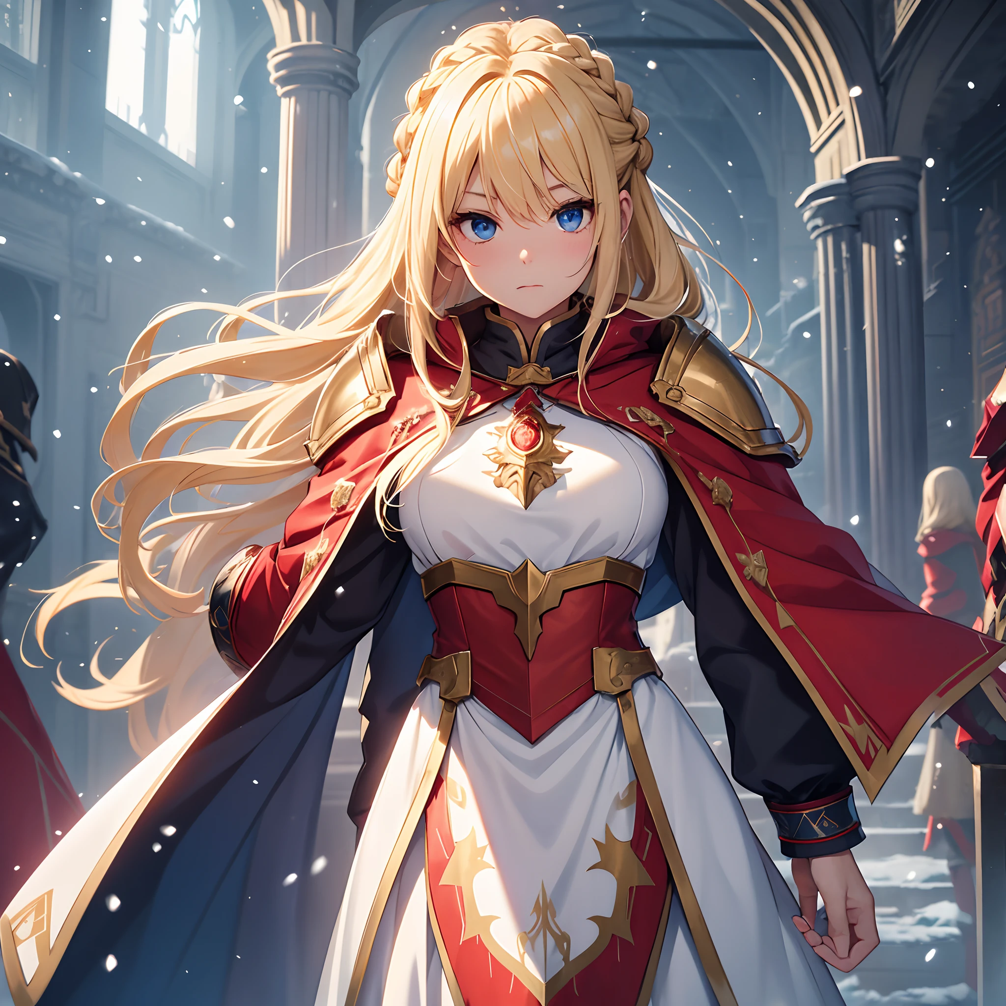 ​masterpiece、Clear blue eyes、Golden hair、Hair quality that emits a very beautiful light、Neat face、Punk Hairstyles、thick braid hair、boyish、Solo style、Immaculate world、blizzard、Red armor、The armor has a heraldic relief、red cloak、Diamond Dust、It's snowing a lot、