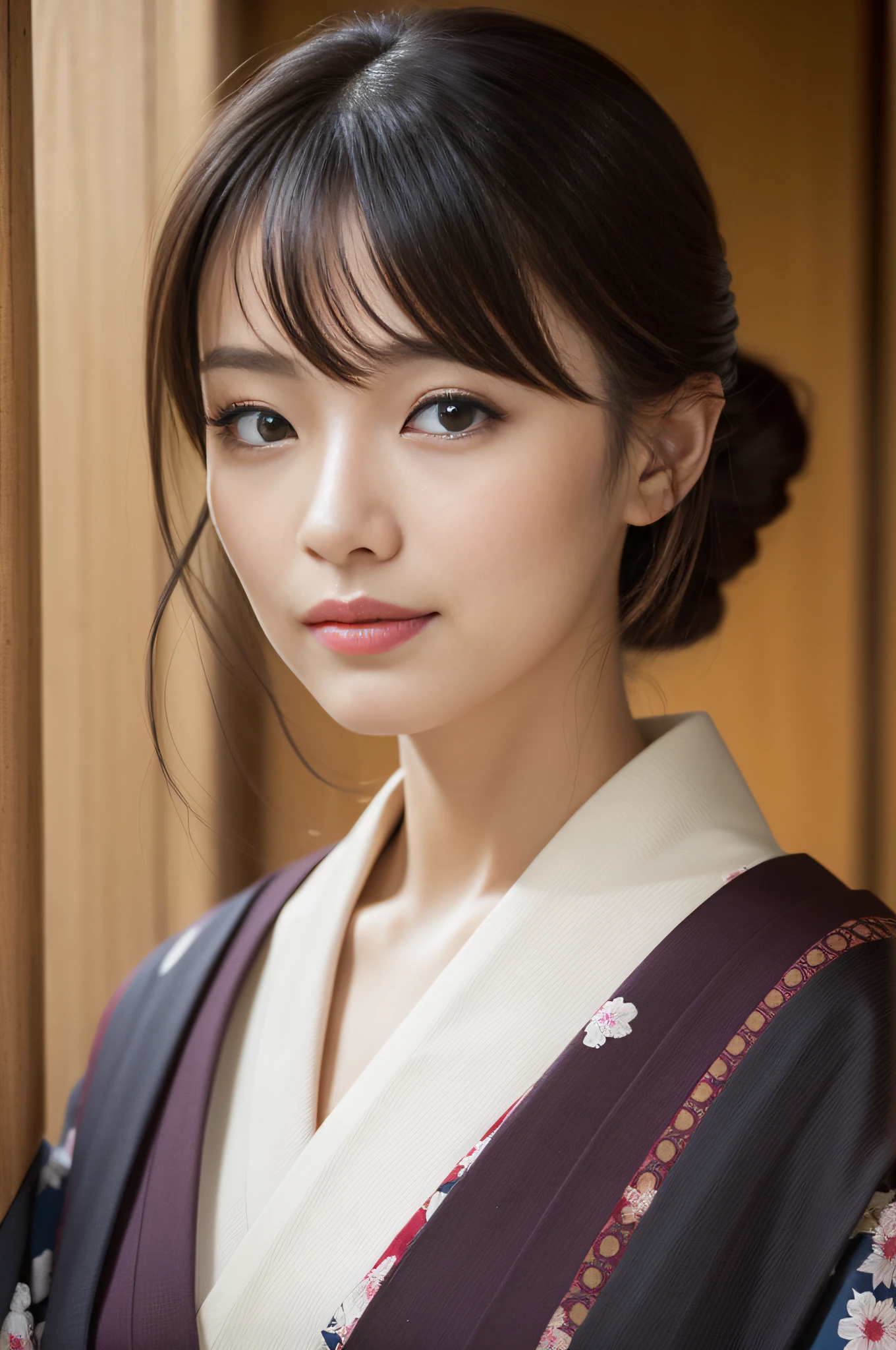 Wearing a kimono、Real Japan woman in the temple, beautiful japanese female, beautiful japanese female, goddess of Japan, Beautiful Japan Female Face、Tie up your hair、Inserting kanzashi、A MILF、Sexy Japan woman、Looking at the camera、Look into the eyes、facing front、face forwards、Beautiful collarbone、beautidful eyes、Sit down and brew tea、Narrow-eyed、Single eyelid、Small eyes、tthin eyebrows、30-year-old woman with、low nose、thin lipss、