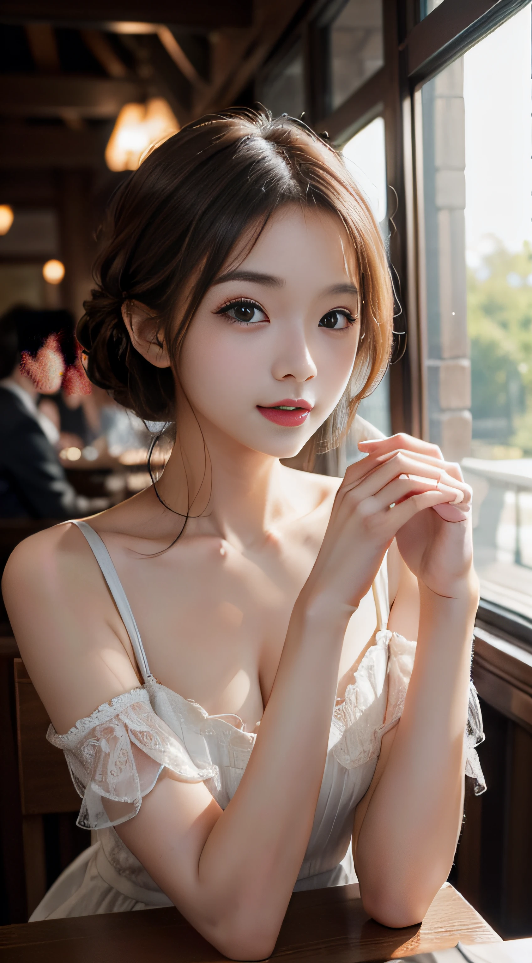 ​masterpiece、Top image quality:1.2、((beautiful young woman with))、Transparent skin:1.2、{A slight smil}、(kawaii)、luxury hotel、depth of fields