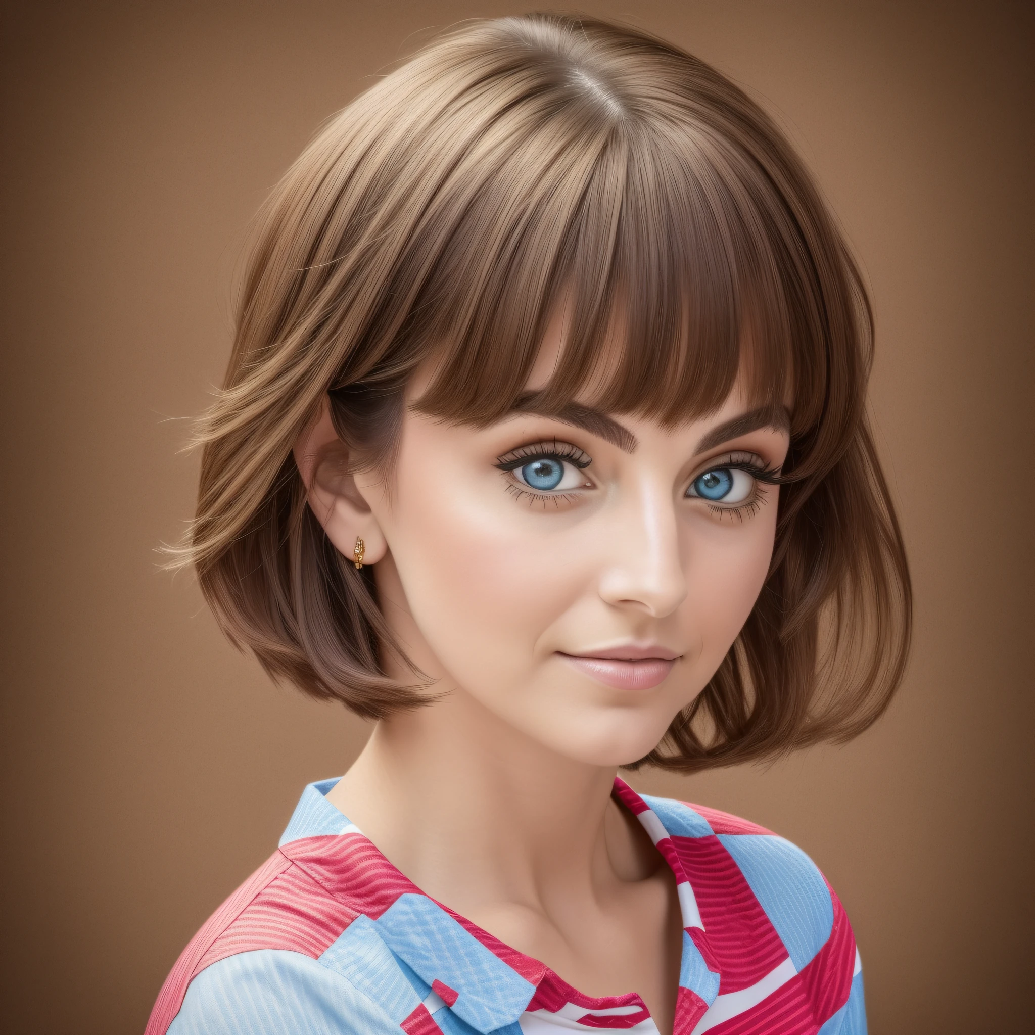 There is a woman with a colorful shirt and a red and white striped shirt, (portrait of a short Caucasian woman, arched eyebrows, brown eyes, short hair) soft portrait shot 8 K, handsome-thin-faced woman, beautiful face of Caucasian woman, closeup of a beautiful woman, beautiful-thin-face portrait, portrait of a Caucasian woman, beautiful woman, beautiful light big eyes,  Beautiful woman --auto --s2