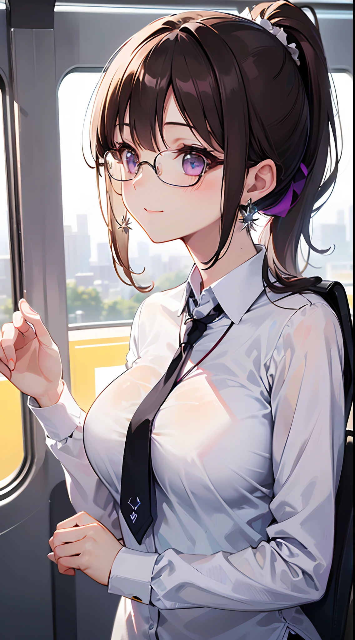 ,absurdres, highres, (ultra detailed:1.1), (1 girl:1.3), watercolor style, (soft blending:1.4), (dreamy washes:1.4), (delicate textures:1.4, BREAK (bokeh photography:1.3), soft focus, out-of-focus highlights, dreamy ambiance,  mesmerizing depth, blurred edges, dynamic angle, more_details:1.5, ((kawaii)), Cute, (lovely), ((Sexy)), (Ero), ((Extremely detailed)), 4K, (8K), Best Quality, (Beautiful), Anime style, Upper body, face in profile, look down from above, Focus on the face, city, Town, On the train, morning, Pretty women, Solo, Suit, ((Tight shirt)), ((Long sleeves)), Beautiful dark brown hair, Beautiful purple eyes, ((Beautiful eyes with highlights )), White-skinned, Ponytail, Transparent hair, translucent hair, large full breasts, tights, Glasses, neck tie, tie, earrings, Necklace, Smile, Lens Flare, Wind-effect, reflection effect