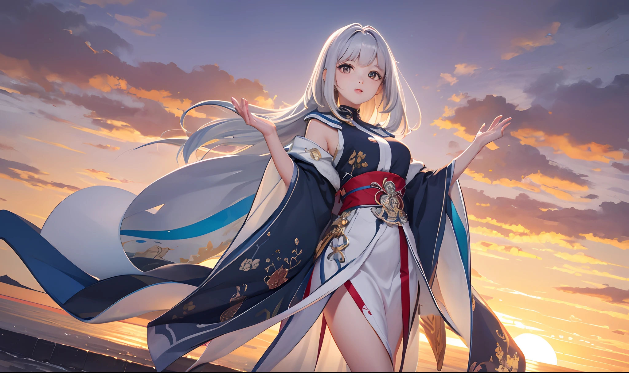 Silver hair and long bob against the sunset over the sea。Bigger eyes、Double clear。Beautiful body lines。Hands raised high。
