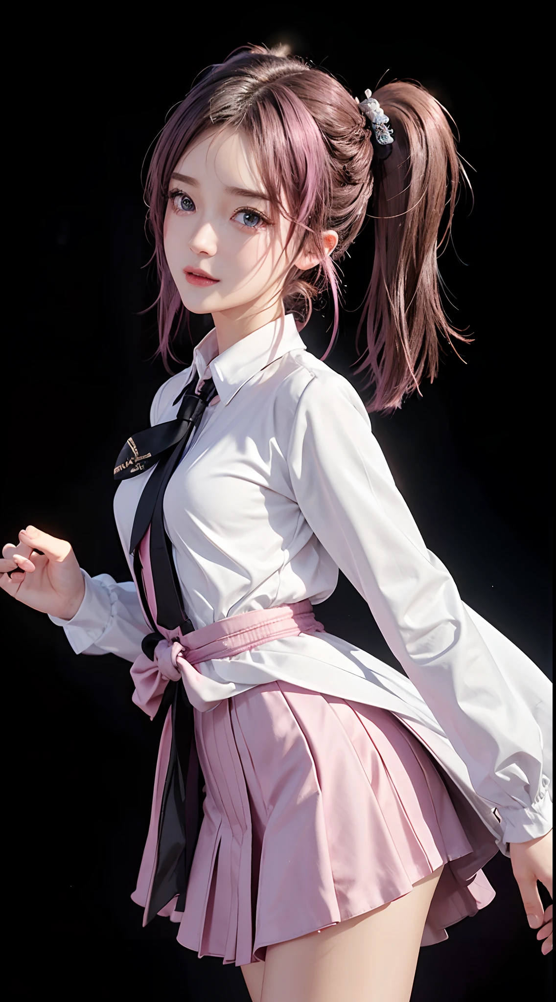 ​masterpiece、1 Beautiful Girl、A detailed face、A detailed eye、Detailed skin、Detailed hand、top-quality、Illuminated from the front with bright lighting、profetional lighting、Facing straight ahead、The background is a little blurry、The costumes are idol costumes like AKB48(Check short skirt、Jacket feather hair ornament、Cute tie)、Amazing smile、Background above live stage(Dancing)、
Some parts of the costume and hair ornament are pink、
Hairstyle is Twintails、
Age is 21 years old、
The right arm is spread wide、
The color of the eyeball is black、