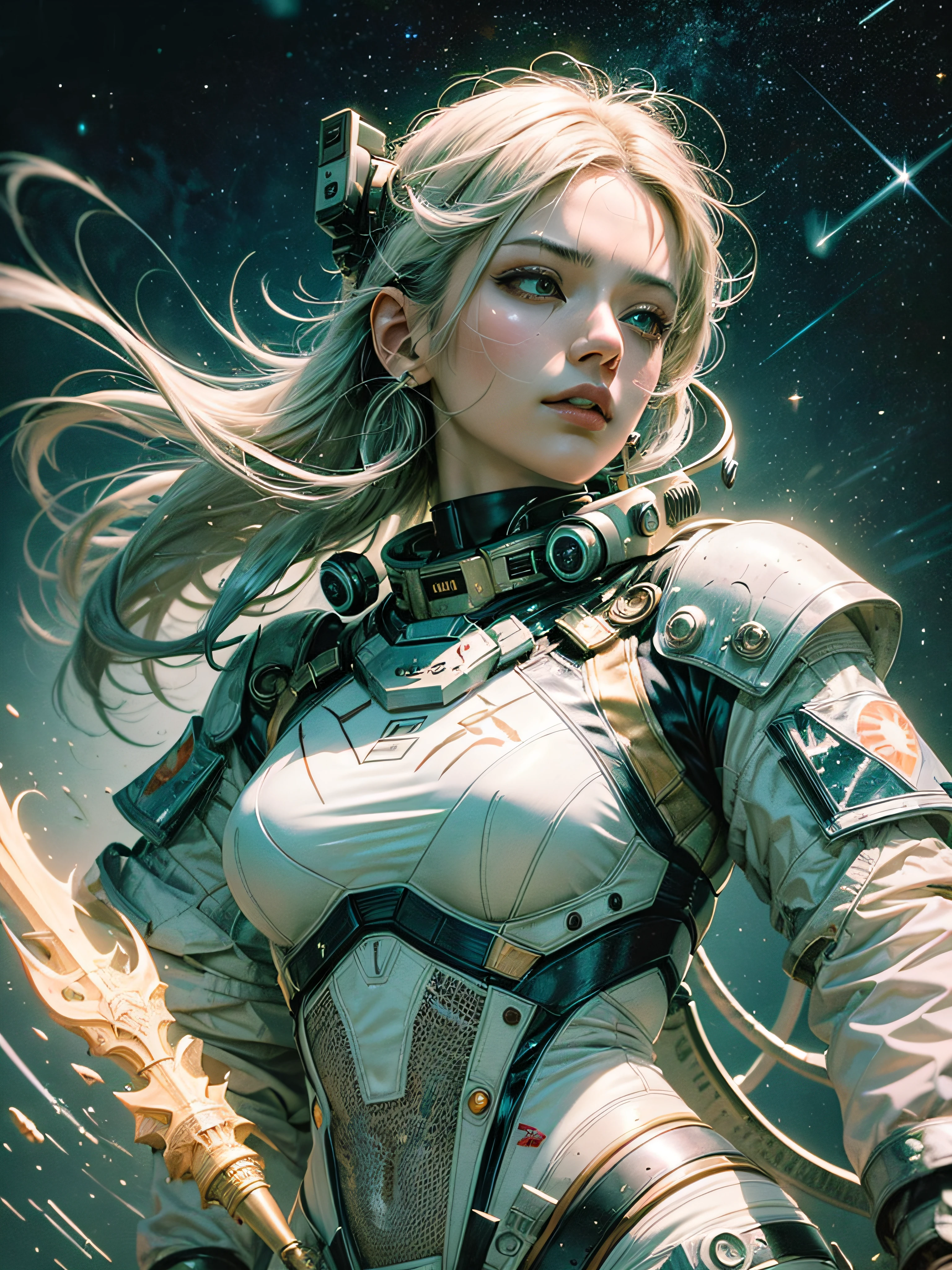 master piece,One monk warrior girl dressed in white high-tech suit,White long hair,Ren Hao,Abstract retro sci-fi background,The Art of Mobius,The Art of Ashley Wood,dynamicposes,Let loose the earth,cosmic starry sky