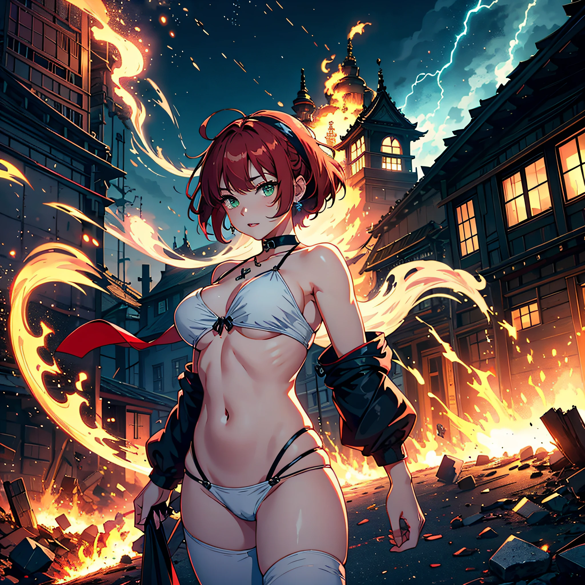 (top-quality、hight resolution、8k、masterpiece:1.2)。Curvaceous but slender、Muchimuchi Body、Grinning Female Wizard、Vandalizing buildings in a battered ancient city。Featuring double teeth, she wields magical powers.。With magic emitted from the right hand、Buildings and roads、Bolides、Next Bridge々and have collapsed、Scattered with burning debris。Rubble and pebbles float up、A yellow aura covers her entire body。Although its power is overwhelming、At the same time it is in harmony with beauty。Draw the moment she is destroying the building with magic。Half-taken off hoodie、accessorized、mole、Eyebrows、double tooth、canine teeth、poneyTail、Muscular nose、Clear detailed green eyes、Red-haired、red blush、short-haired、a choker、Fleshy lips、Physical beauty、well-muscled、Raise bangs in a headband、Oforehead、Mysterious fashion、Street Fashion、Anime style、animesque、The scene of the great fire、Oversized trousers、unreal、Depiction in motion、White the、Fashion in white tones、Vandalism、insurrection、karo、Decaying buildings、the fire、Fire incident、tornado、Must-win poses、Backgrounds with depth、Equipped with a Japan sword on the back、Equipped with Japan swords at the side waist、Flame Magic、Wizard Equipment、Light equipment、a necklace、Bracelets、Misanga、arm band、Tattoo on the shoulder、espadrilles、thunder、Roaring thunder、lightning bolt、tornado、colorful backdrop、Thunder in the hand、Light and Wall Co-star、Little green-eyed black cat supporting magic attack overhead