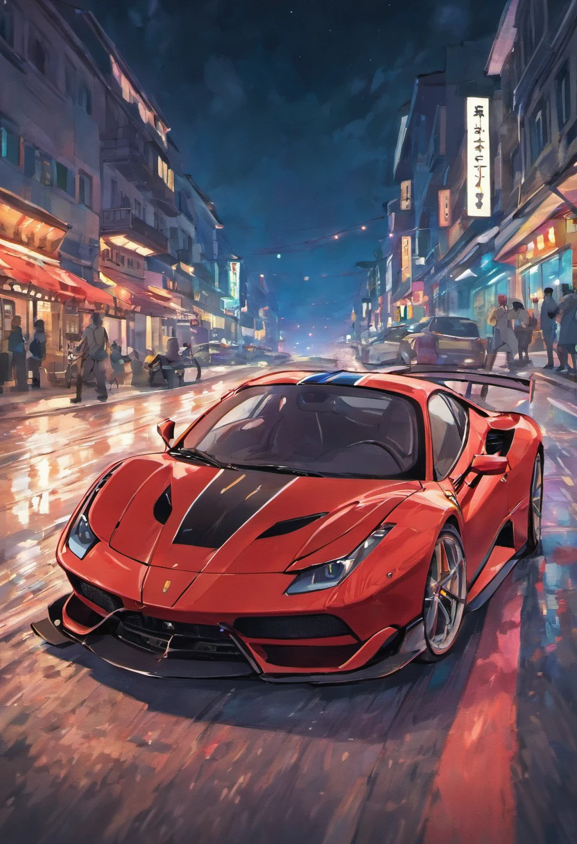 "an Quority(ferrari 488 gt3)Racing cars race around the city circuit at night，A breath of blood and speed。"