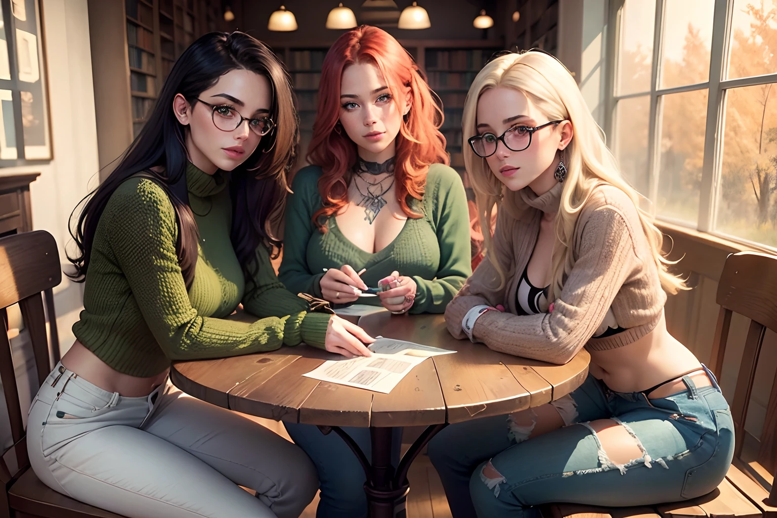 Five Gorgeous artsy women, long flowing thick natural hair, dressed in knit sweaters and ripped jeans pants, jewelry, tattoos, indie punk aesthetic, beautiful athletic body, lovely lively expressive eyes, painting in a library in autumn, lovely colorful lighting, Cheery atmosphere, flirty, freckles, gorgeous face, incredible detail to texture, in love, green eyes, lots of color, photorealistic, masterpiece, absolute babe,
Colorful outfit, patterns, glasses, sitting down in chairs behind a table reading books, seductive, excited mood, dynamic poses, small grins