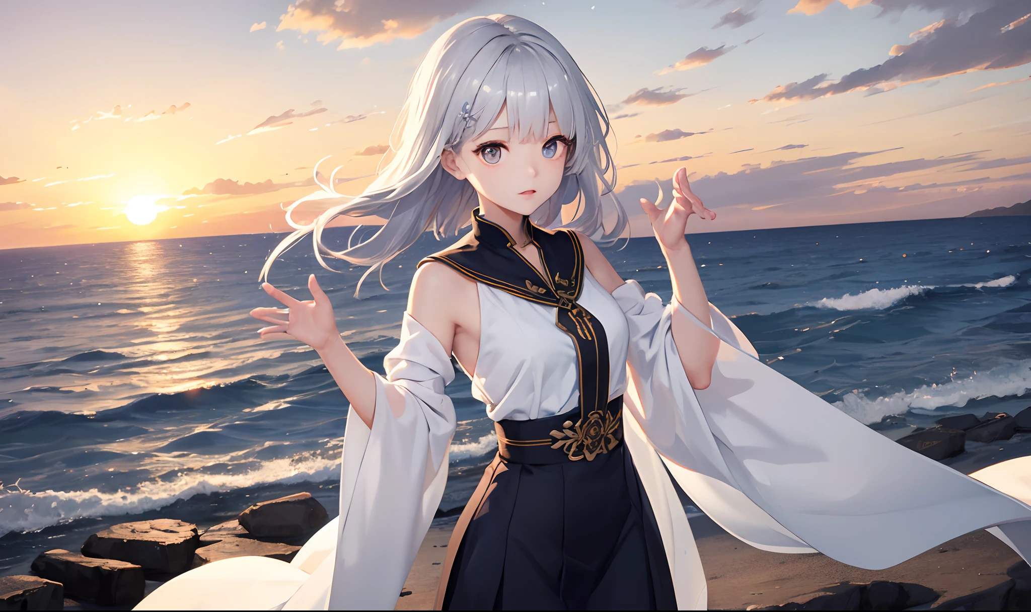 Silver hair and long bob against the sunset over the sea。Bigger eyes、Double clear。Beautiful body lines。Hands raised high。