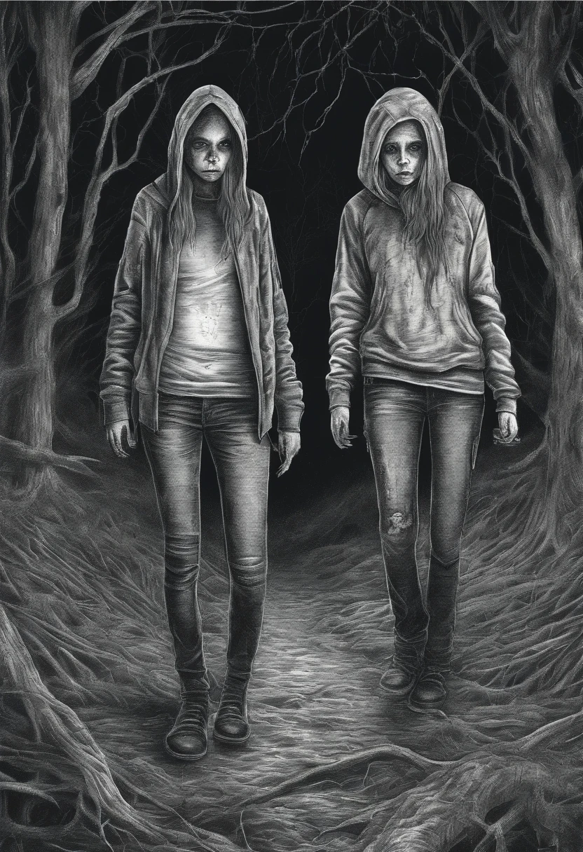 A highly detailed pencil sketch of two teenage age girls walking through the woods, wearing trendy clothing, hoodies graphic t-shirts and torn skinny jeans, dark eerie horror film elements and ambiance,  highly detailed background, perfect masterpiece, high quality, high resolution