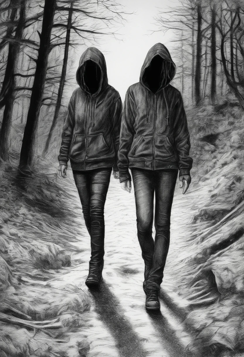 A highly detailed pencil sketch of two  girls walking through the woods, wearing trendy clothing, hoodies graphic t-shirts and torn skinny jeans, dark eerie horror film elements and ambiance,  highly detailed background, perfect masterpiece, high quality, high resolution
