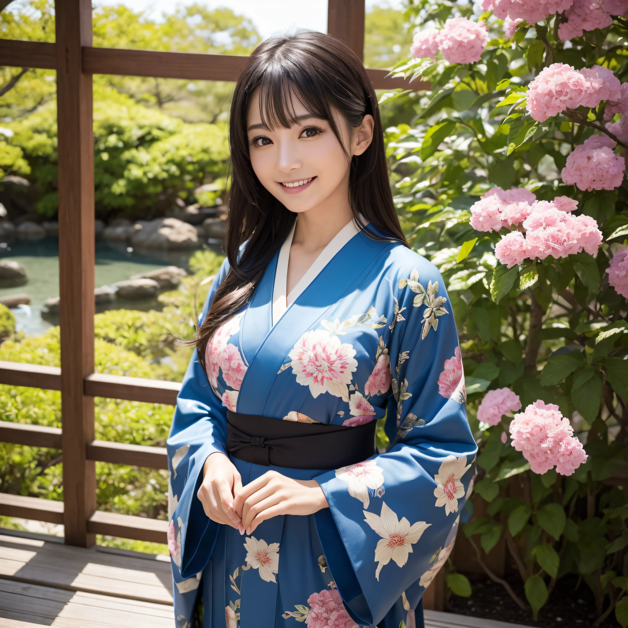 (Woman in Kimono)、((best qualtiy、8k masterpieces:1.3))、foco nítido:1.2、(ultra beautiful faces:1.0)、(shinny skin:1.0)、photos realistic、A dark-haired、Video Lighting、High-definition eyes and face、Video Lighting、25-year-old Japan actress、from the front side、medium breasts、With a happy smile、Slender Abs Beauty、Whole body、wearing kimonos、in japanese garden