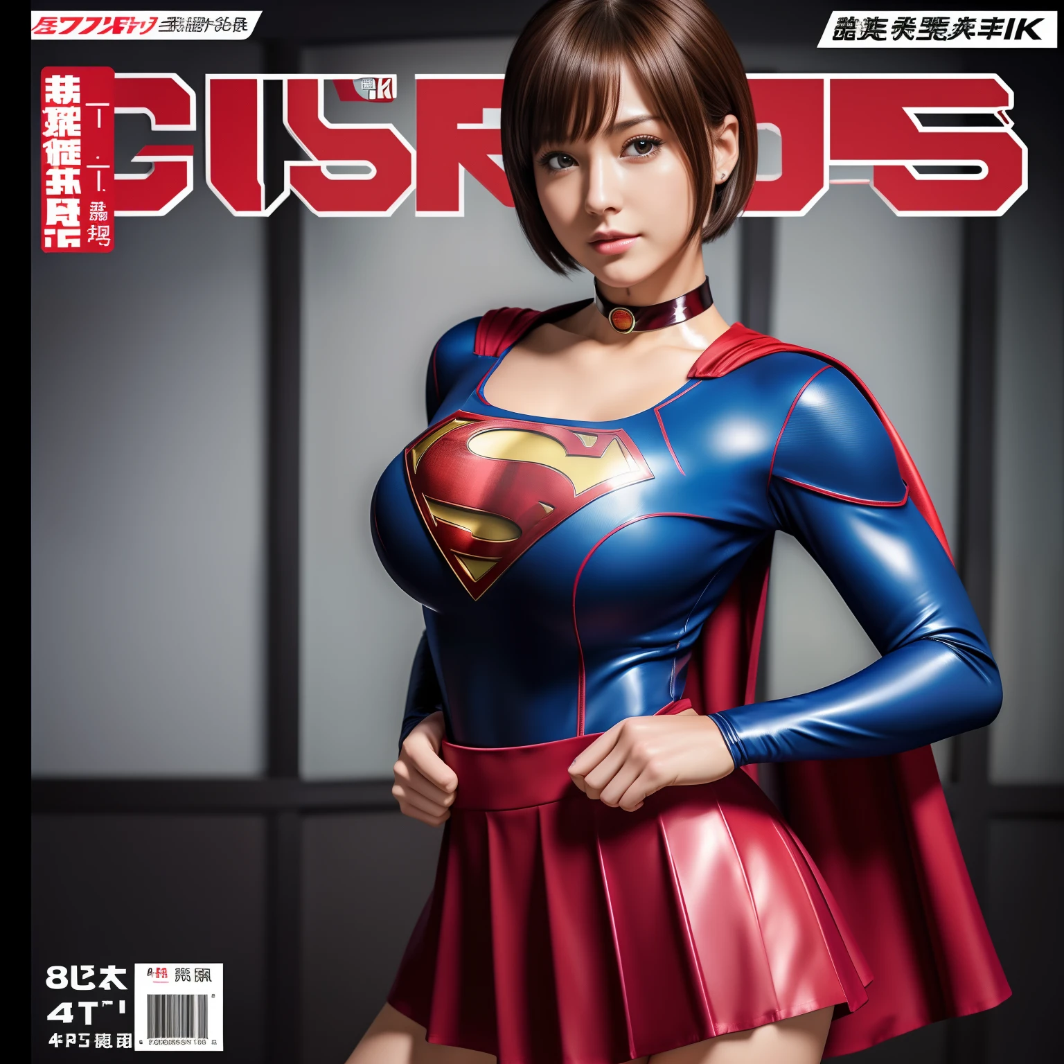 (Best Quality,4K,8K,hight resolution,masutepiece:1.2),Ultra-detailed,Realistic:1.37,Super masterpiece,Short-haired Supergirl、Gymnasium、bare-legged、Looking at the camera、large full breasts、Too short miniskirt、highleg、Wrestlers、Magazine covers、Glossy costume、a choker