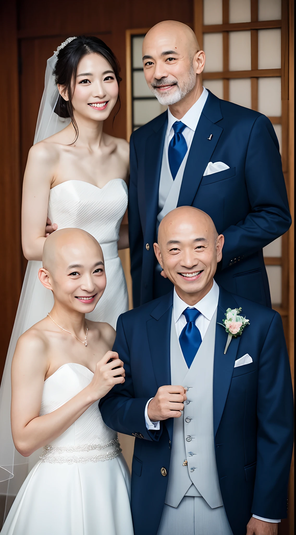 4K、top-quality、masutepiece、 (Bald Japan men,50 years old)、a handsome、bridegroom、wedding hall、Looking at the camera、（smile1.6）