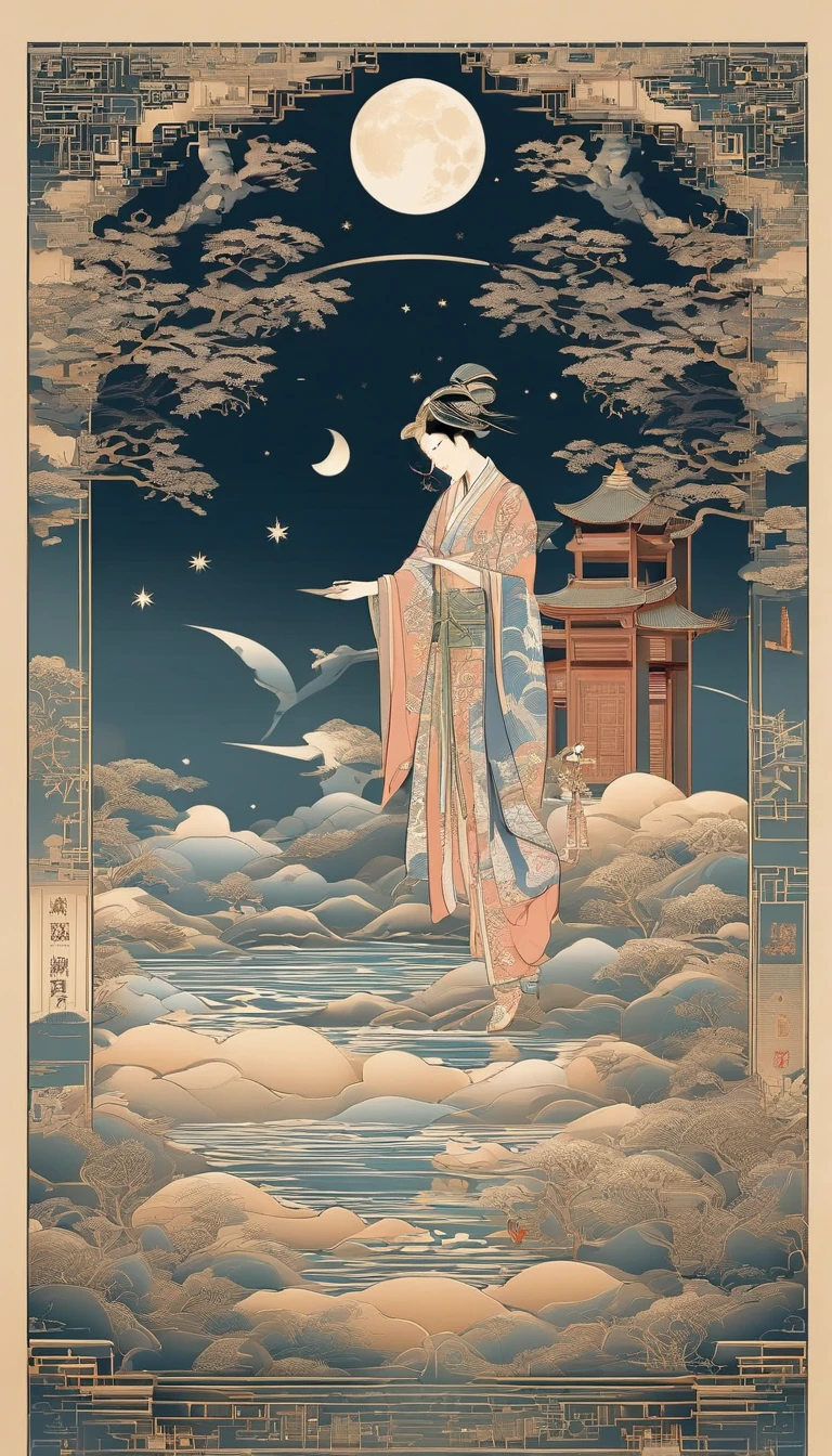 full moon，traditional Chinese festivals，Fairy，Fairy clothes，Streamers flutter，Hanfu，Flying，mid-air，Mid-Autumn Festival，artistic conception，Dunhuang murals，Ultra-high sharpness，超高分辨率，8K