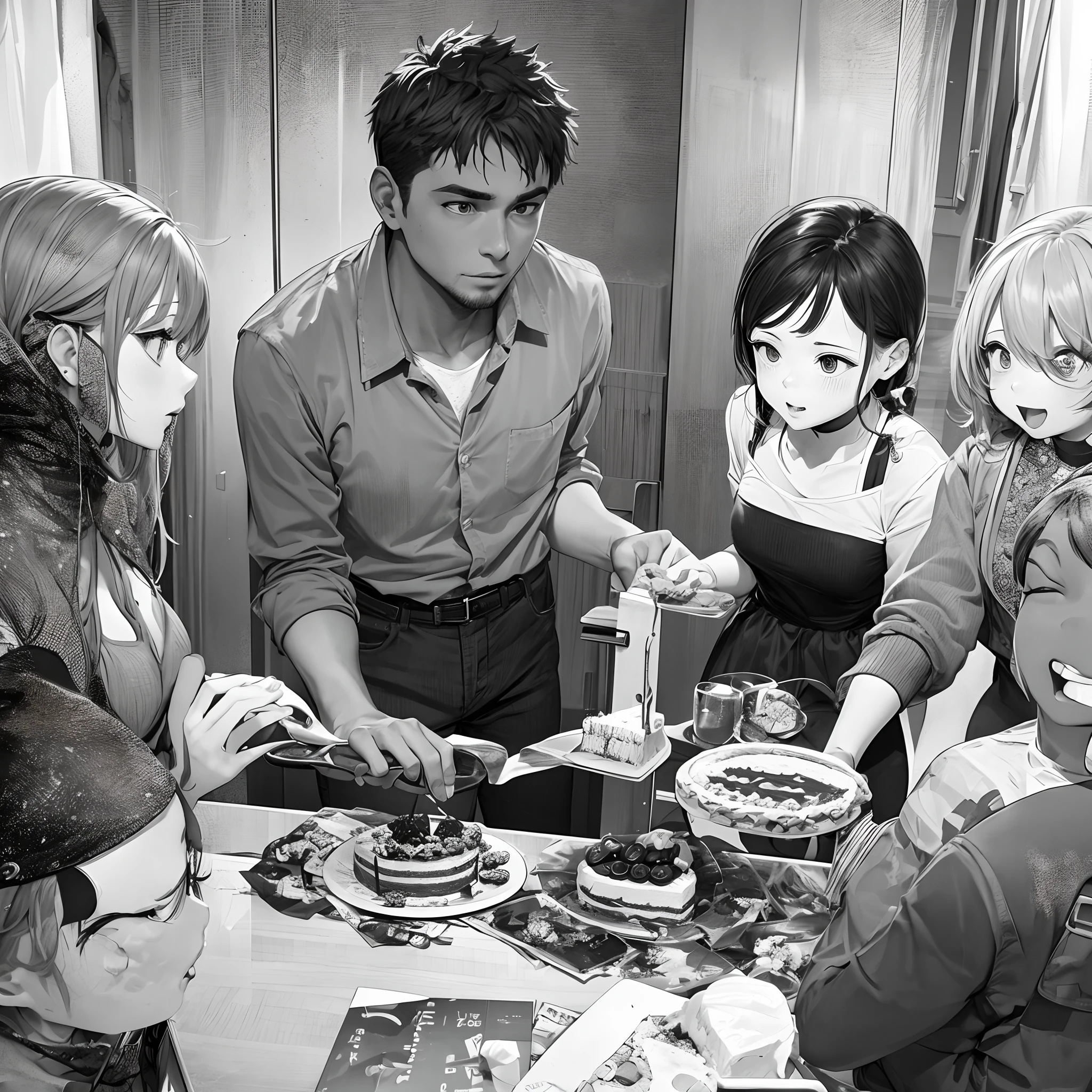 A 25 year old boy cutting his birthday cake as he is surrounded by girls and boys of his age.