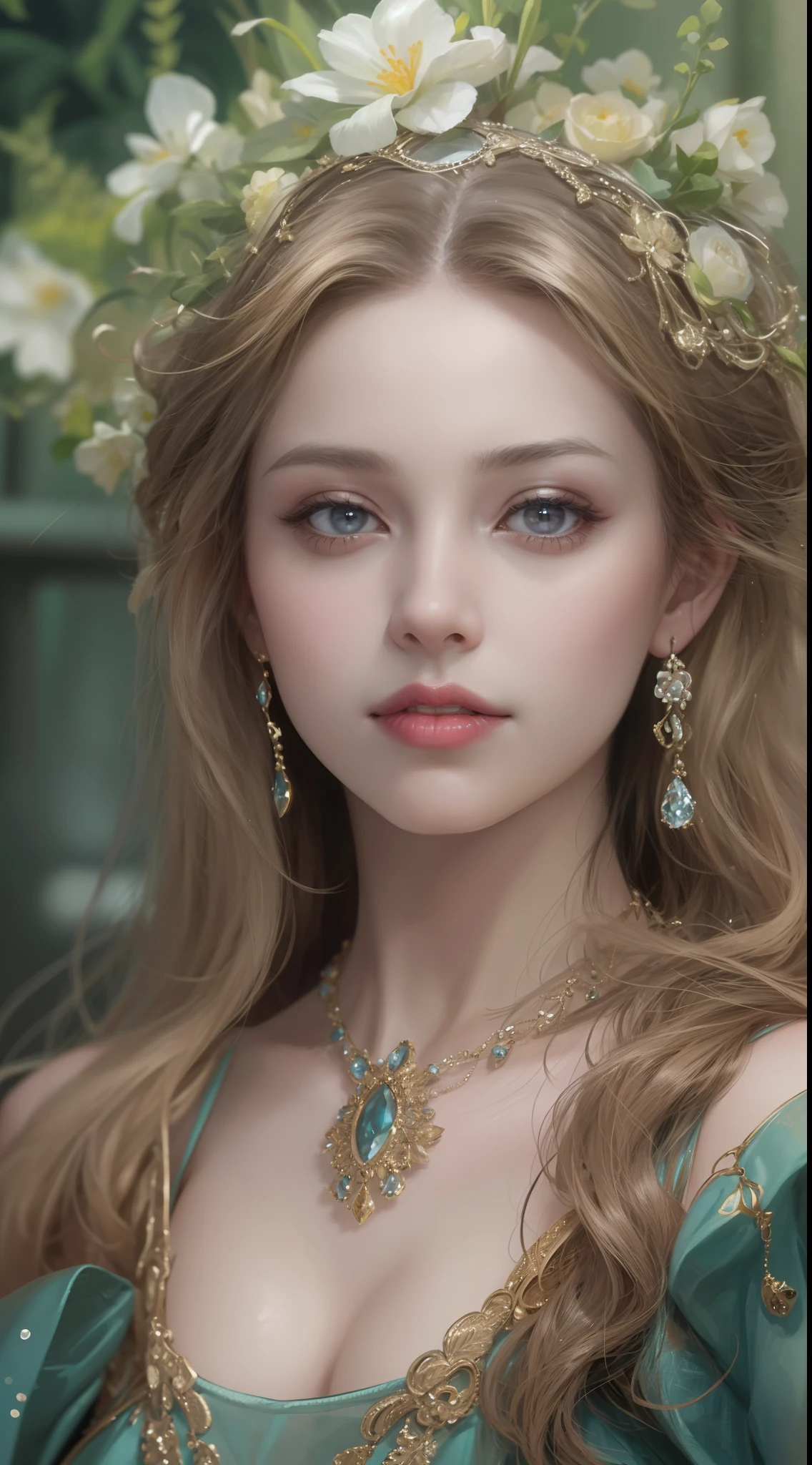 (Best quality,8K,A high resolution,Masterpiece:1.2),Ultra-detailed,(Realistic,Photorealistic,photo-realistic:1.37),Portrait,Creative style artwork,Historical,classical,Sophisticated,plethora of colors,Highly detailed,Soft lighting,luxurious environment,detailed gown,Vibrant flowers,detailed jewellery,Ethereal atmosphere,Elegant Pose,Graceful curves,Gold body proportions，Flowing hair,Breathtaking textile patterns,Harsh purple eyes,Delicate floral decoration,A dazzling array of crystal accessories,Mysterious and dreamy atmosphere,Impeccable attention to detail.
