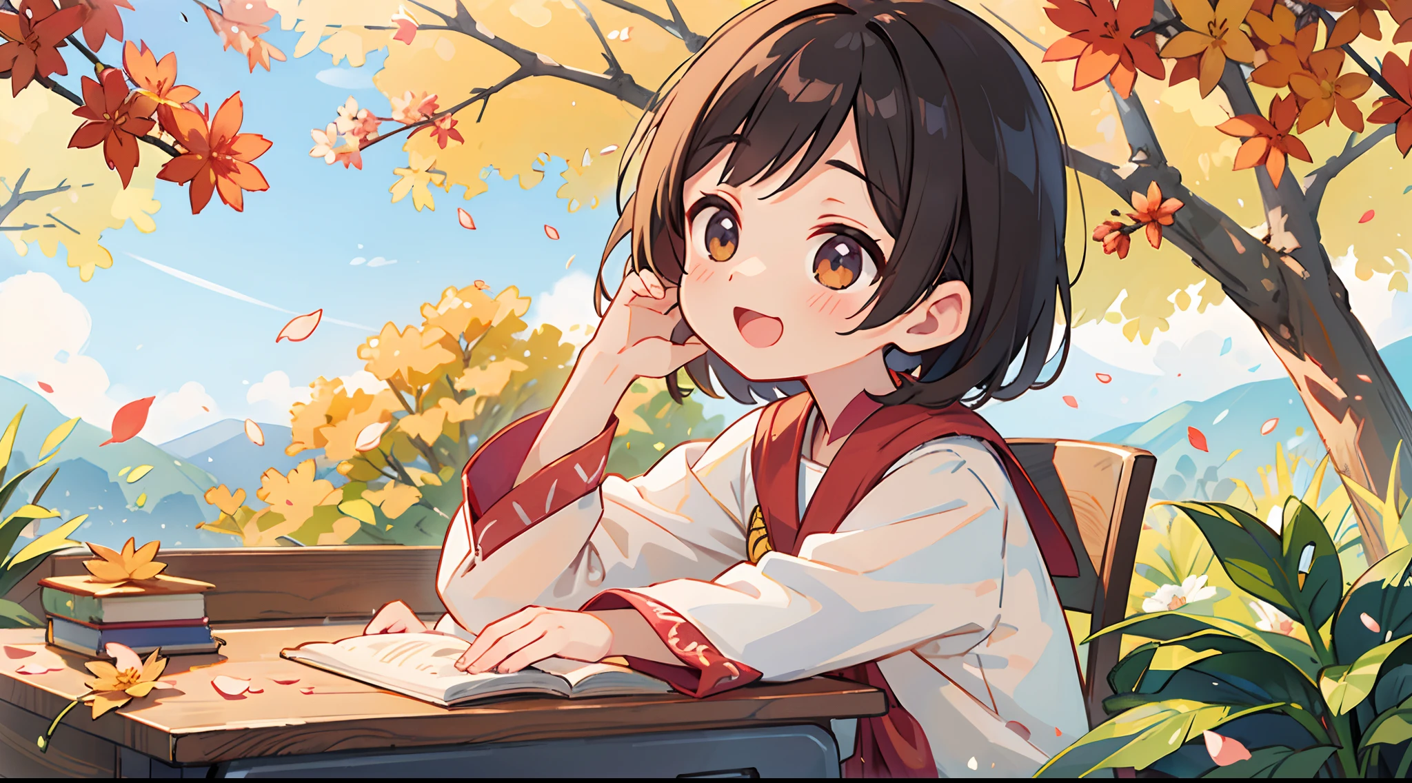 photoRealstic、Sit at your desk and enjoy studying with friends、Opens mouth and laughs、up of face、flower petals、season!!: 夏天☀ 🍂